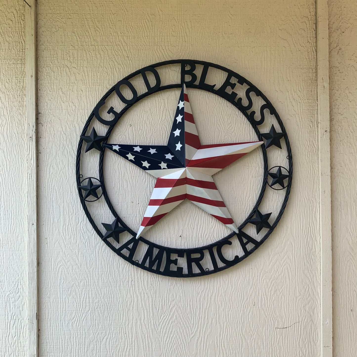 GOD BLESS AMERICA USA FLAG 3d STAR METAL BARN STAR BLACK TWISTED ROPE RING WALL ART WESTERN HOME DECOR RED WHITE & BLUE HANDMADE NEW #EH10490