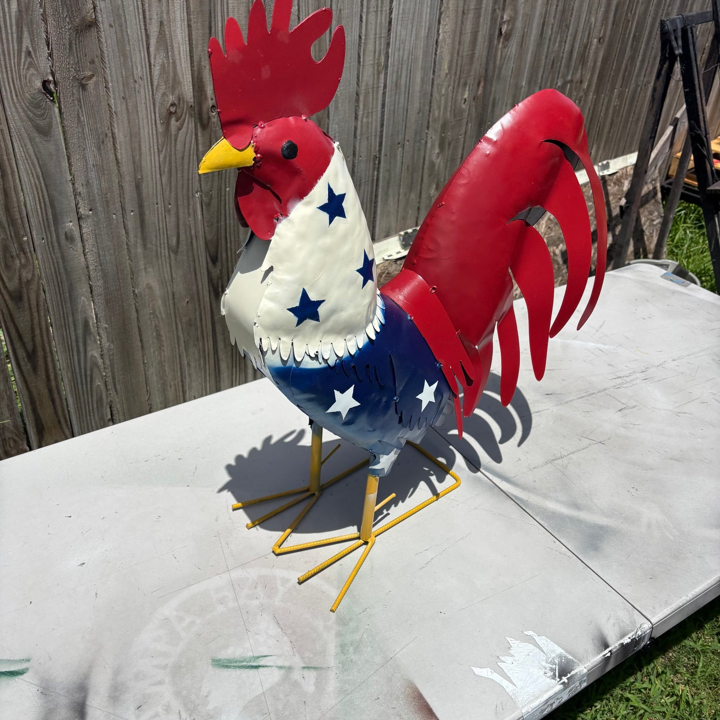 USA FLAG ROOSTER AMERICAN RED WHITE BLUE PATRIOTIC GARDEN METAL SCULPTURE WESTERN HOME DECOR ORNAMENT HANDMADE #34-003