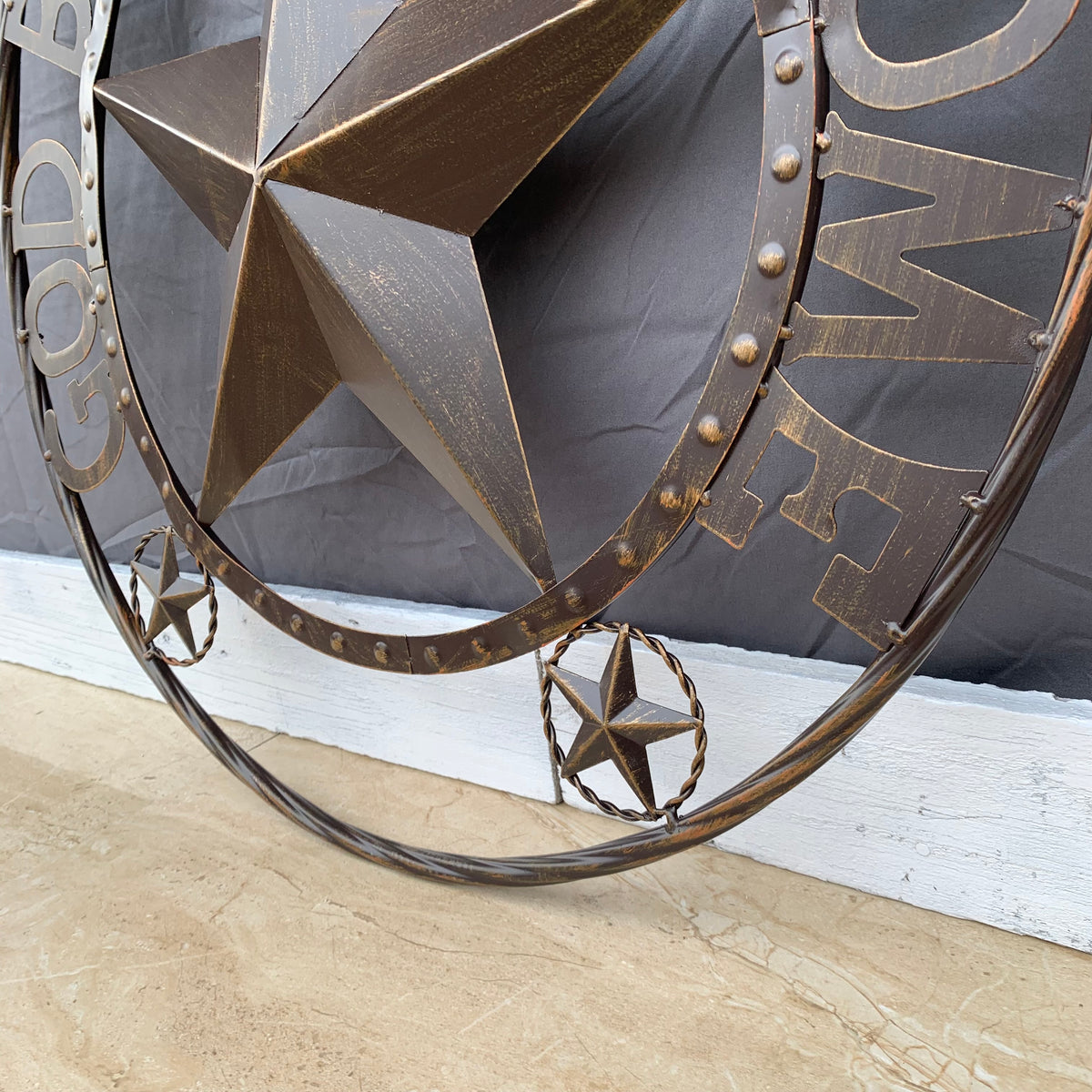 24" GOD BLESS OUR HOME BEADED STAR COLIBROX METAL TWISTED ROPE RING LONE STAR WALL ART WESTERN HOME DECOR RUSTIC DARK BRONZE COPPER HANDMADE NEW