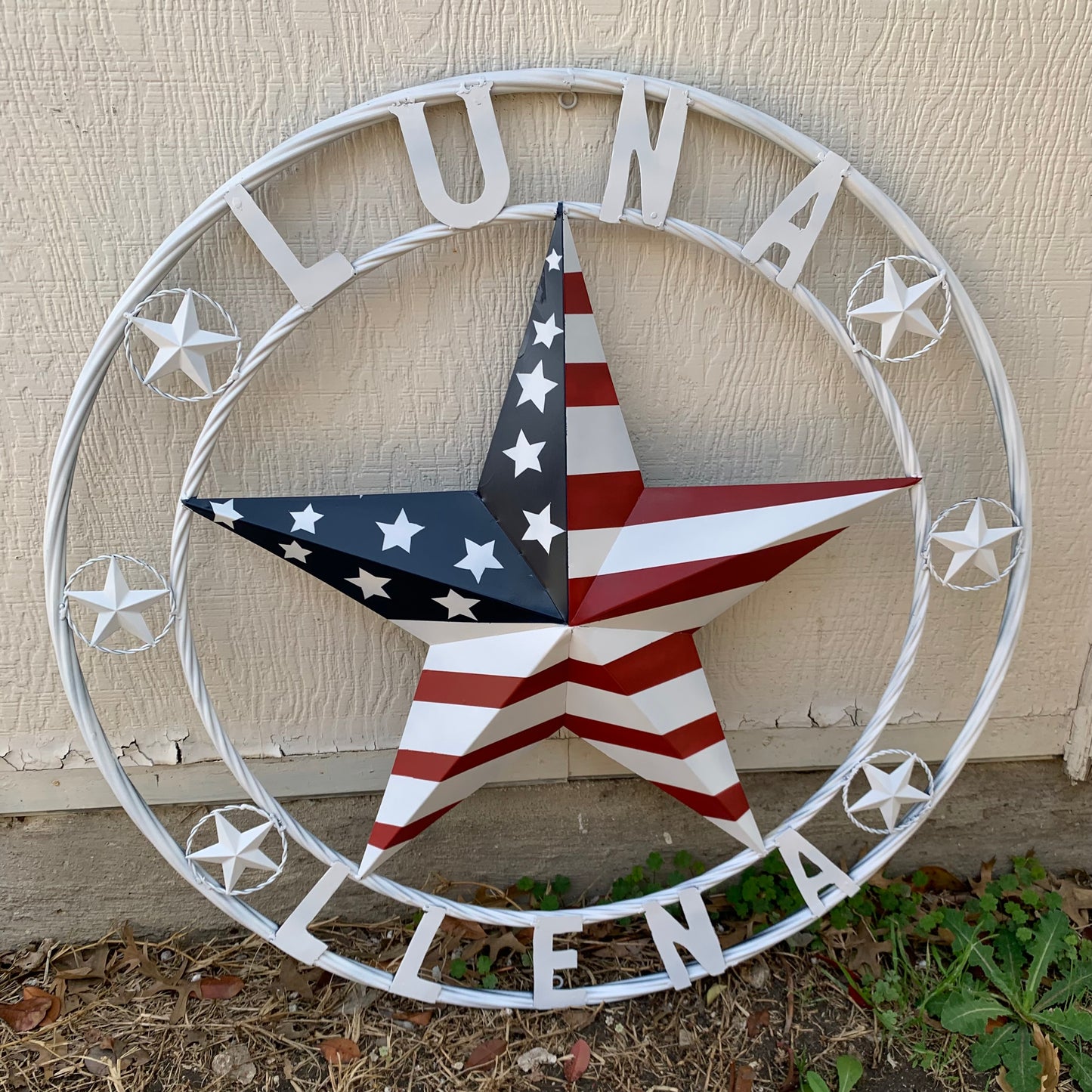 LUNA STYLE CUSTOM NAME BARN STAR METAL STAR 3d TWISTED ROPE RING WESTERN HOME DECOR USA FLAG STAR RED WHOTE & BLUE WITH WHITE RING HANDMADE 24",32",36",50"