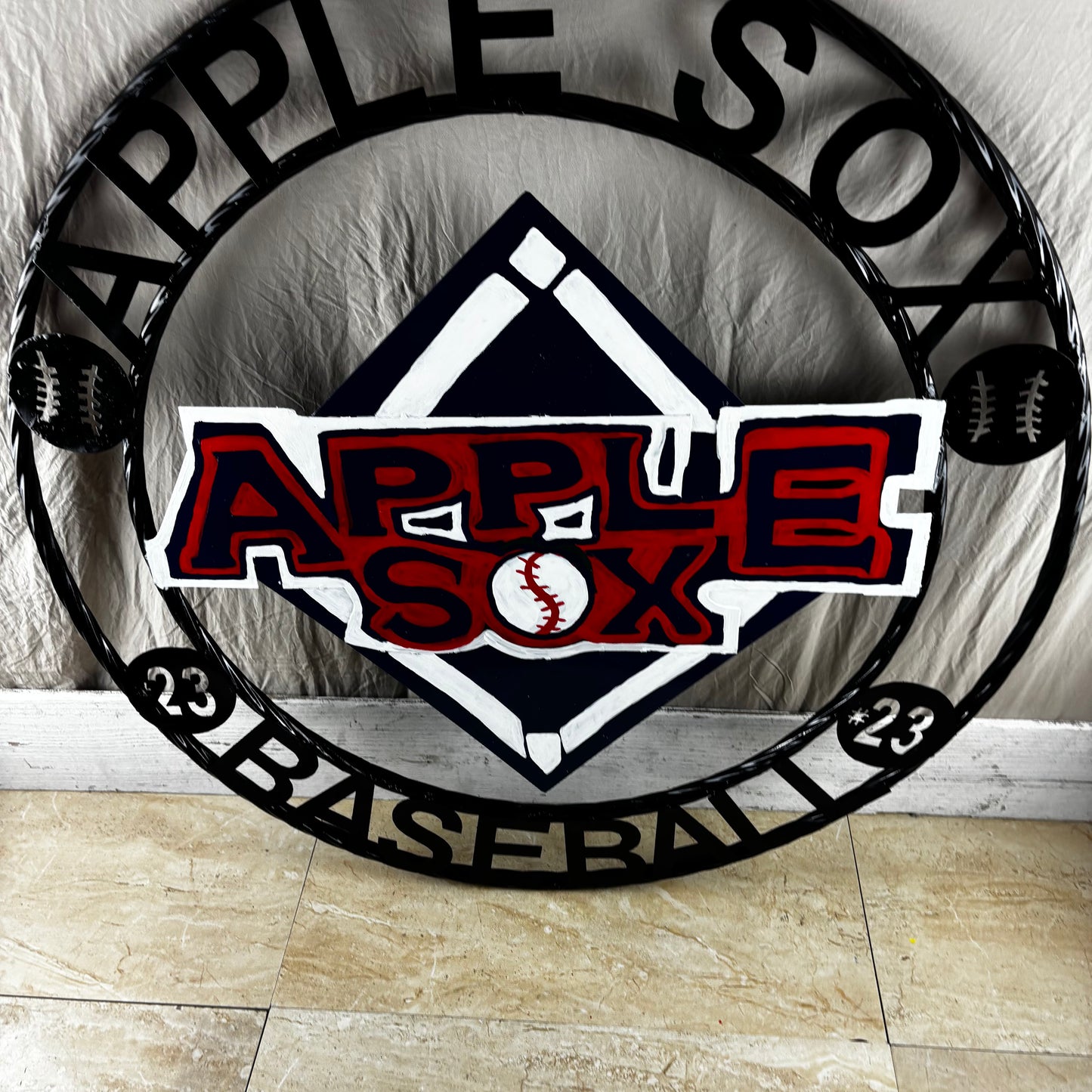 APPLE SOX BASEBALL CUSTOM METAL VINTAGE CRAFT SIGN TEAM NAVY BLUE WHITE RED HANDMADE