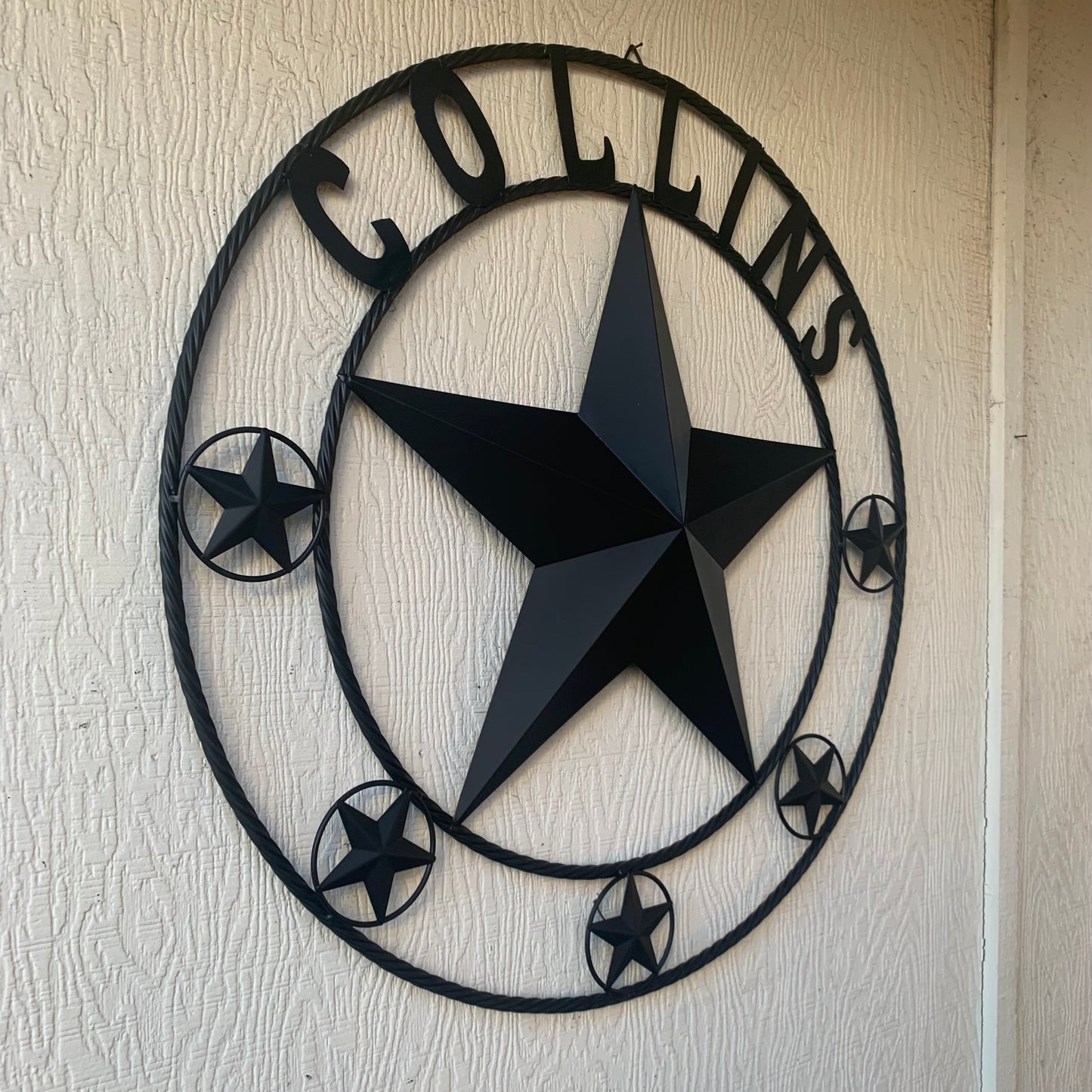 COLLINS STYLE CUSTOM STAR NAME BARN METAL STAR 3d TWISTED ROPE RING WESTERN HOME DECOR RUSTIC BLACK HANDMADE 24",32",36",50"