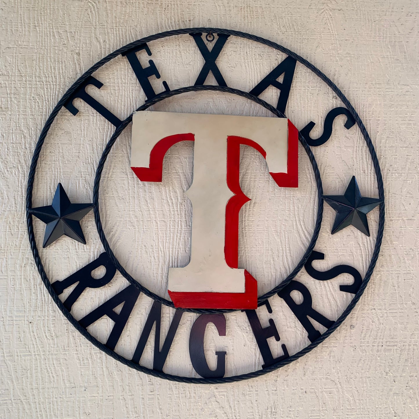 12", 18", 24", 32" TEXAS RANGERS BARN CUSTOM METAL VINTAGE CRAFT SIGN TEAM  WHITE & RED & NAVY BLUE RING & STAR HANDMADE