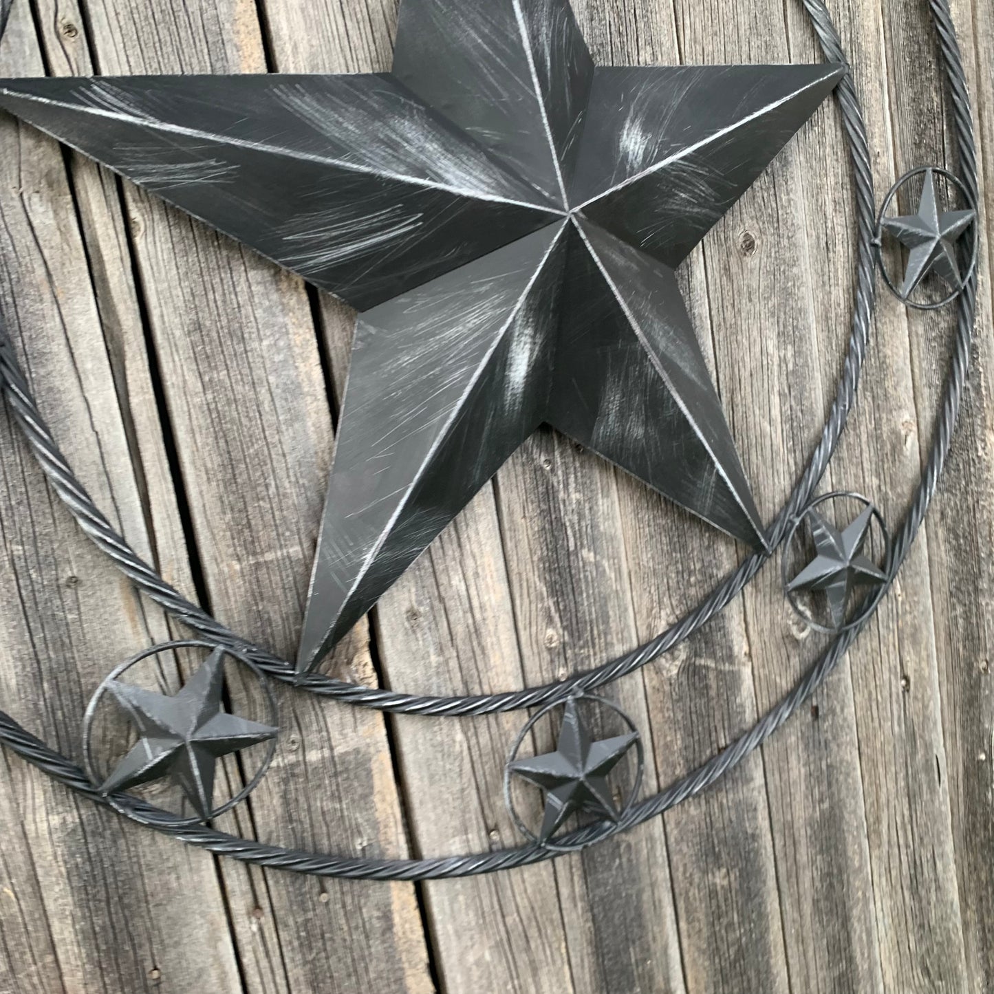 TEXAS BLACK DISTRESSED STAR TWO TONE TEXTURE BARN STAR METAL LONESTAR TWISTED ROPE RING WESTERN HOME DECOR HANDMADE NEW