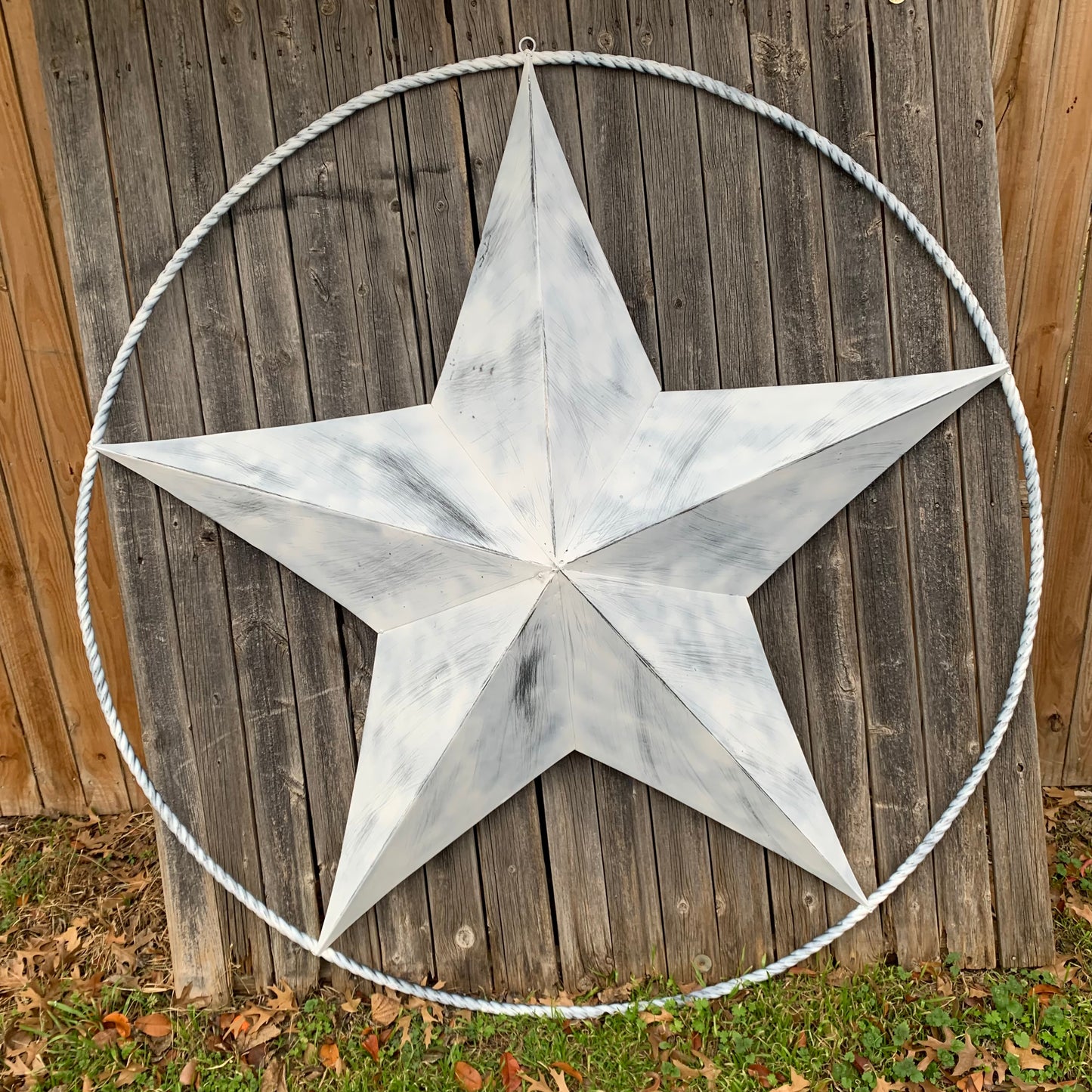 5 FOOT WHITE DISTRESSED STAR TWO TONE TEXTURE BARN STAR METAL LONESTAR TWISTED ROPE RING WESTERN HOME DECOR HANDMADE NEW