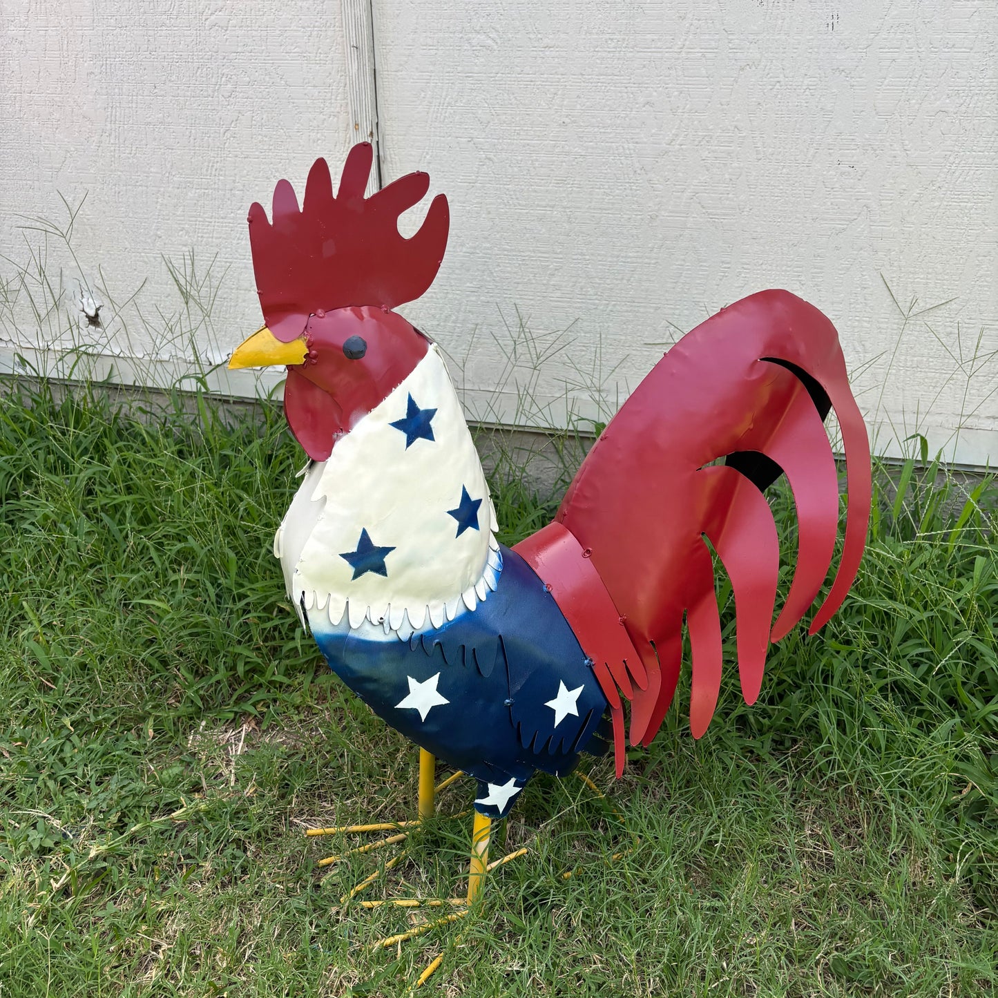 USA FLAG ROOSTER AMERICAN RED WHITE BLUE PATRIOTIC GARDEN METAL SCULPTURE WESTERN HOME DECOR ORNAMENT HANDMADE #34-003