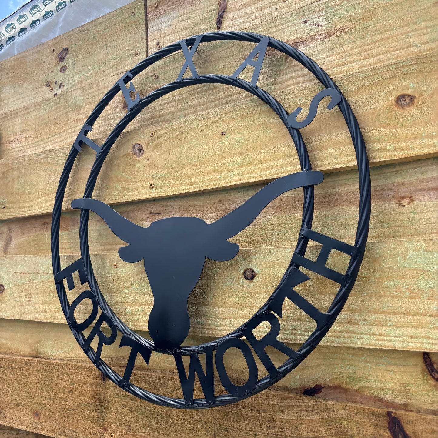 TEXAS FORT WORTH METAL SIGN LONGHORNS BLACK WESTERN HOME DECOR HANDMADE