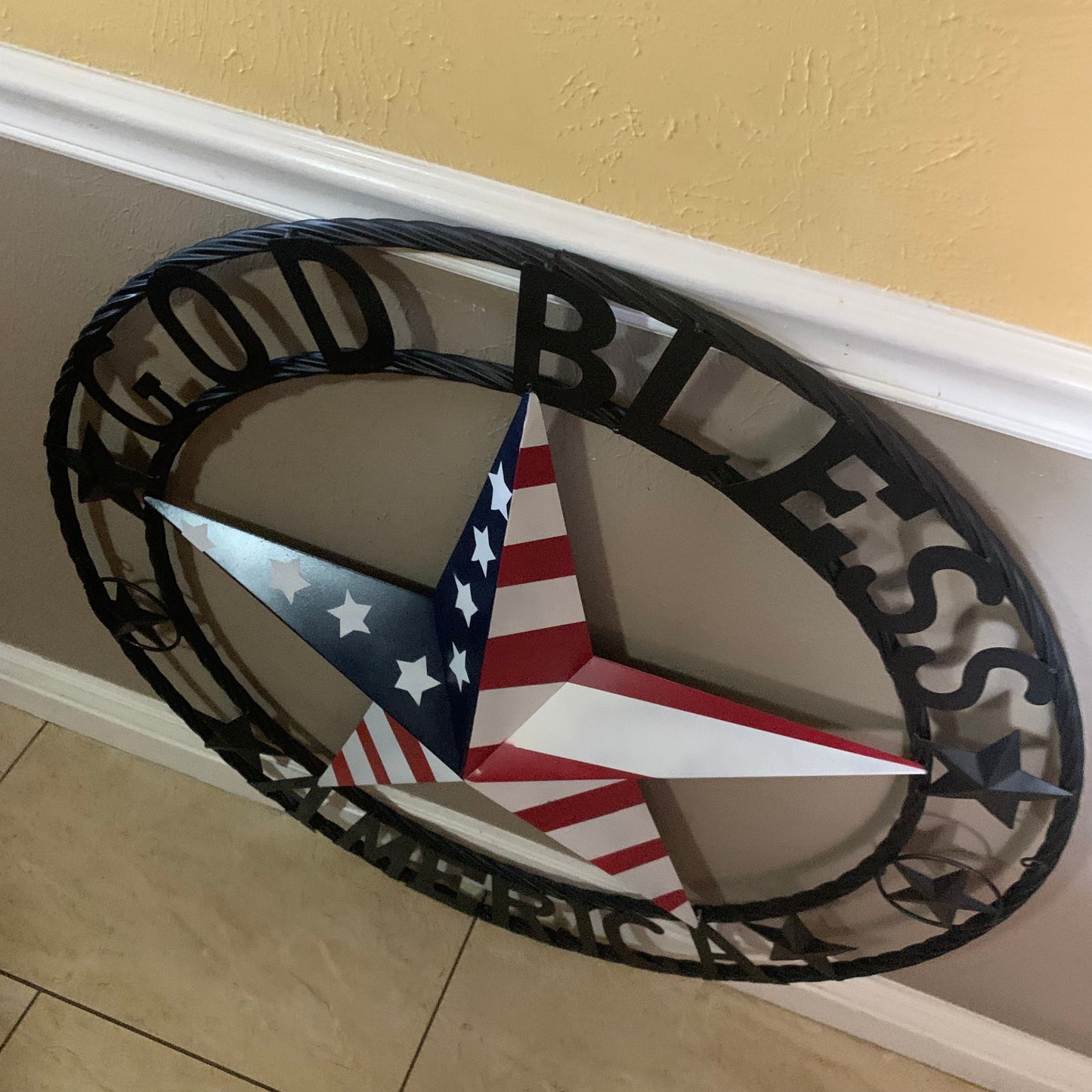 GOD BLESS AMERICA USA FLAG 3d STAR METAL BARN STAR BLACK TWISTED ROPE RING WALL ART WESTERN HOME DECOR RED WHITE & BLUE HANDMADE NEW #EH10490