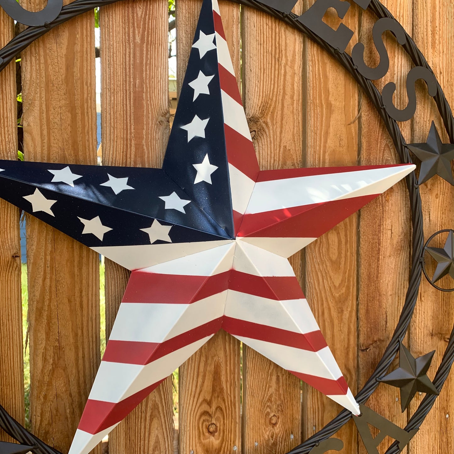 GOD BLESS AMERICA USA FLAG 3d STAR METAL BARN STAR BLACK TWISTED ROPE RING WALL ART WESTERN HOME DECOR RED WHITE & BLUE HANDMADE NEW #EH10490