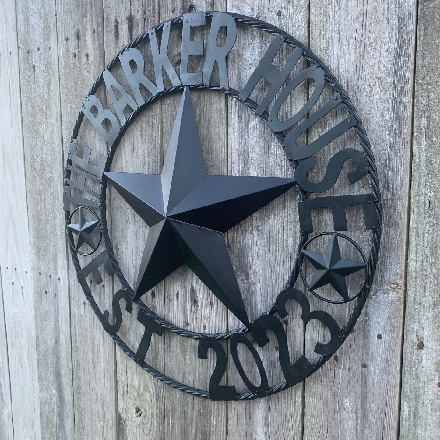BARKER STYLE CUSTOM NAME STAR BARN METAL STAR 3d TWISTED ROPE RING LONESTAR WESTERN HOME DECOR RUSTIC BLACK HANDMADE 24",32",36",50"