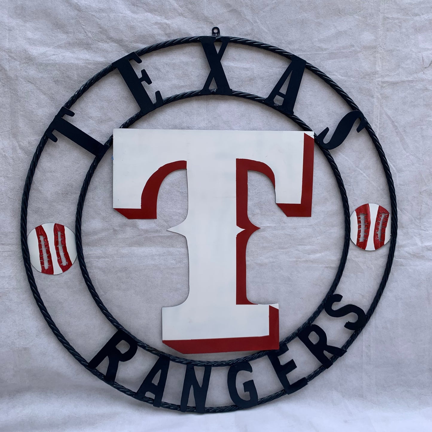 TEXAS RANGERS CUSTOM METAL VINTAGE CRAFT TEAM SIGN WHITE & RED & NAVY BLUE RING HANDMADE