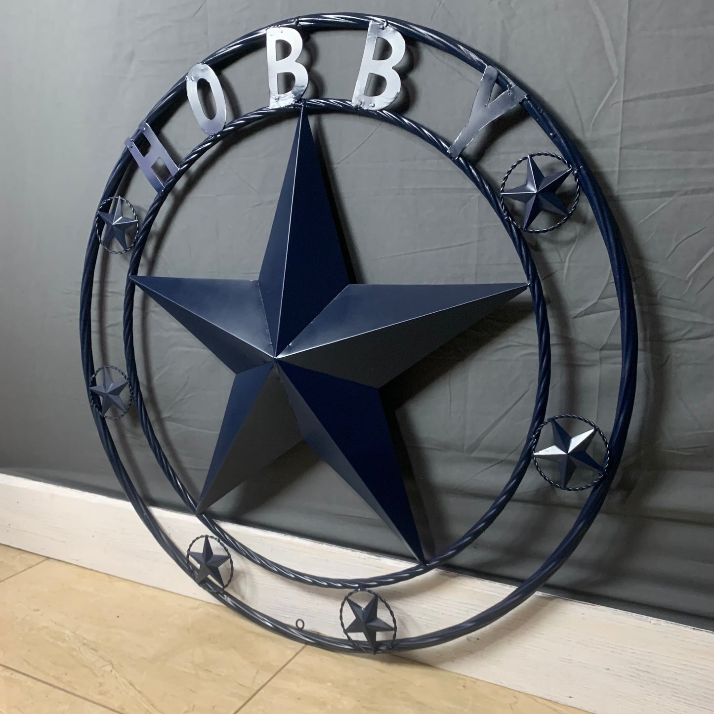 HOBBY STYLE CUSTOM NAME STAR BARN METAL STAR 3d TWISTED ROPE RING WESTERN HOME DECOR RUSTIC NAVY BLUE HANDMADE 24",32",36",50"