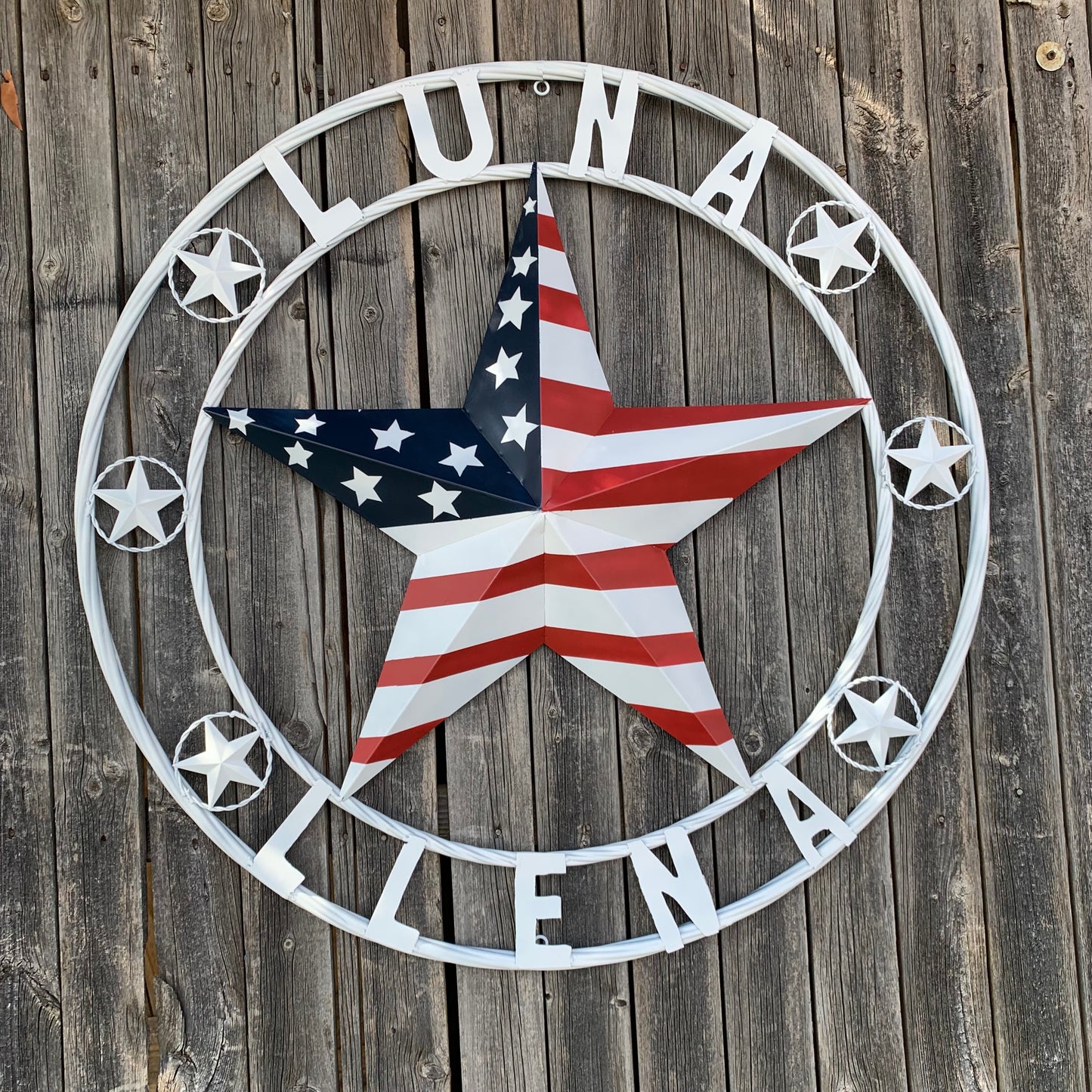 LUNA STYLE CUSTOM NAME BARN STAR METAL STAR 3d TWISTED ROPE RING WESTERN HOME DECOR USA FLAG STAR RED WHOTE & BLUE WITH WHITE RING HANDMADE 24",32",36",50"