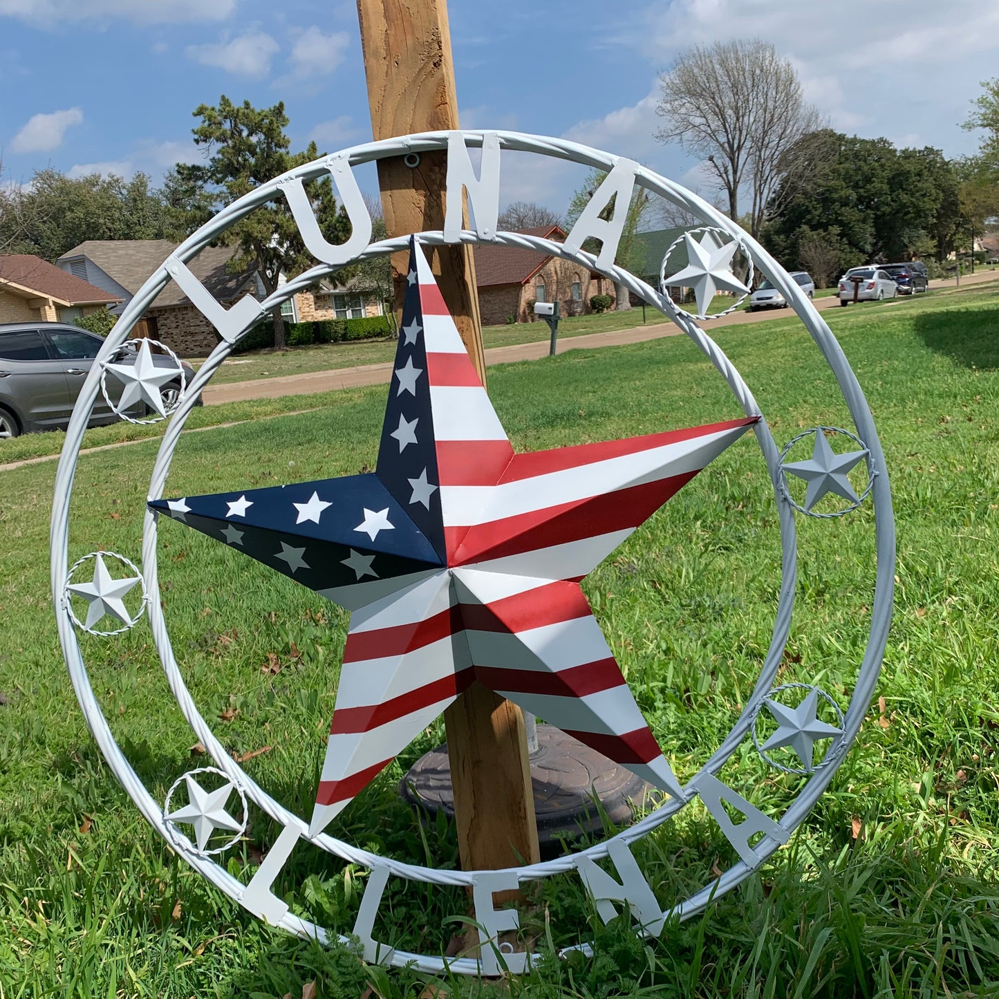 LUNA STYLE CUSTOM NAME BARN STAR METAL STAR 3d TWISTED ROPE RING WESTERN HOME DECOR USA FLAG STAR RED WHOTE & BLUE WITH WHITE RING HANDMADE 24",32",36",50"