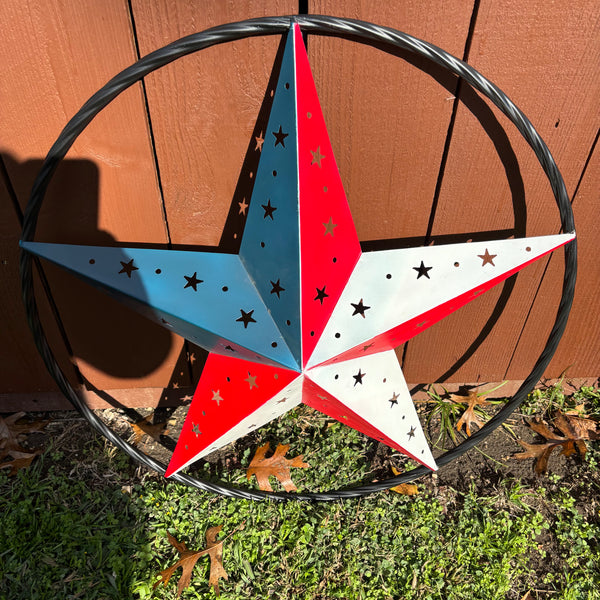 24" RED WHITE BLUE STAR USA FLAG STAR WITH SMALL STAR CUTOUT WESTERN HOME DECOR HANDMADE# EH12312