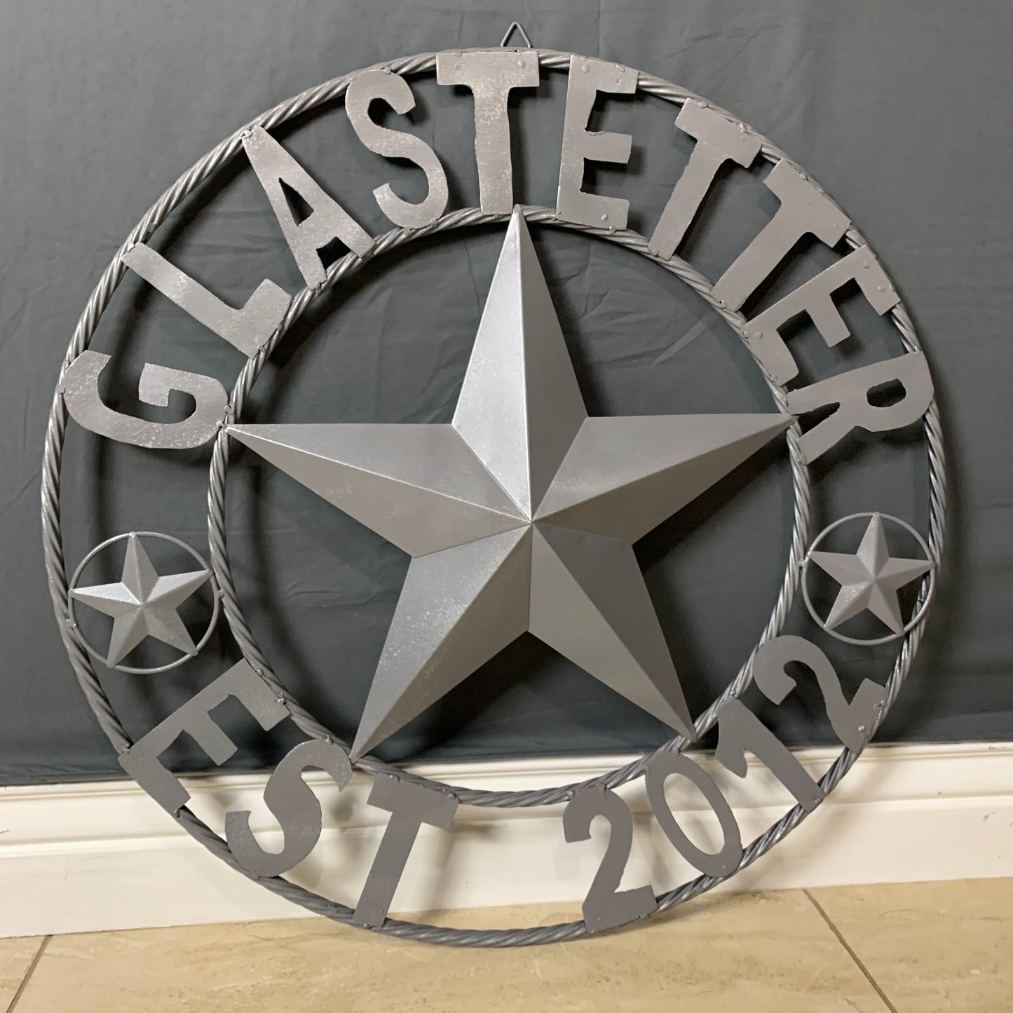 GLASTETTER STYLE YOUR CUSTOM NAME BARN STAR 3d METAL LONE STAR TWISTED ROPE RING WESTERN HOME DECOR RUSTIC GREY HANDMADE 24",32",36",50"