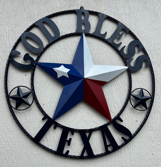 GOD BLESS TEXAS BARN STAR RED WHITE BLUE STAR WITH NAVY BLUE RING LONE STAR TWISTED ROPE RING WESTERN HOME DECOR HANDMADE