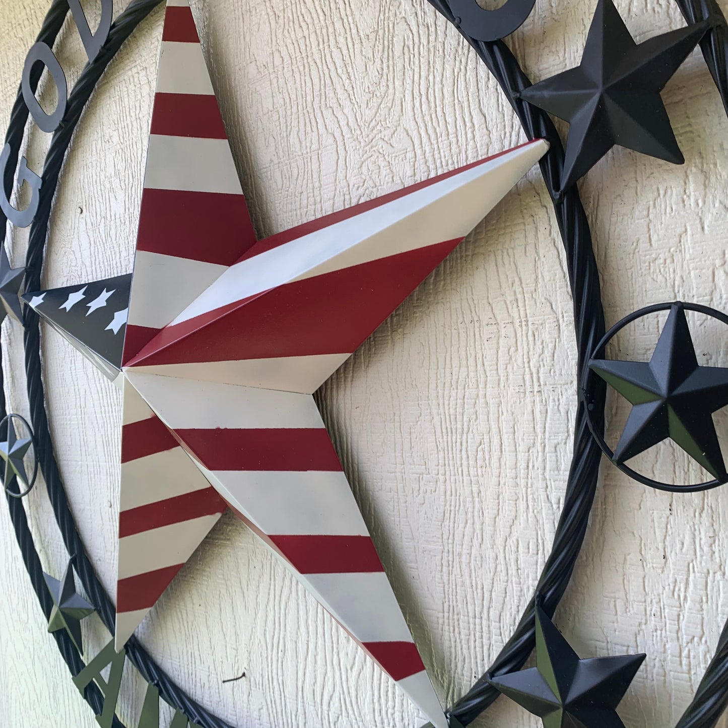 GOD BLESS AMERICA USA FLAG 3d STAR METAL BARN STAR BLACK TWISTED ROPE RING WALL ART WESTERN HOME DECOR RED WHITE & BLUE HANDMADE NEW #EH10490