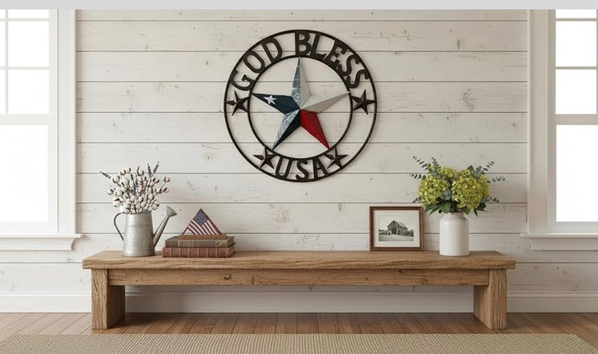 GOD BLESS USA LICENSE PLATE 3d STAR RED WHITE BLUE  WITH BRONZE RING METAL BARN STAR TWISTED ROPE RING WALL ART WESTERN HOME DECOR HANDMADE #EH