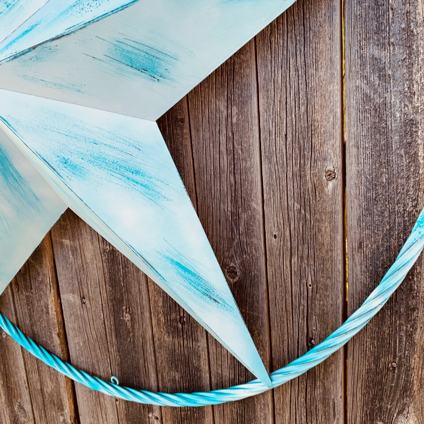 #EH11219 TURQUOISE WHITE DISTRESSED STAR TWO TONE TEXTURE BARN STAR METAL LONESTAR TWISTED ROPE RING WESTERN HOME DECOR HANDMADE NEW