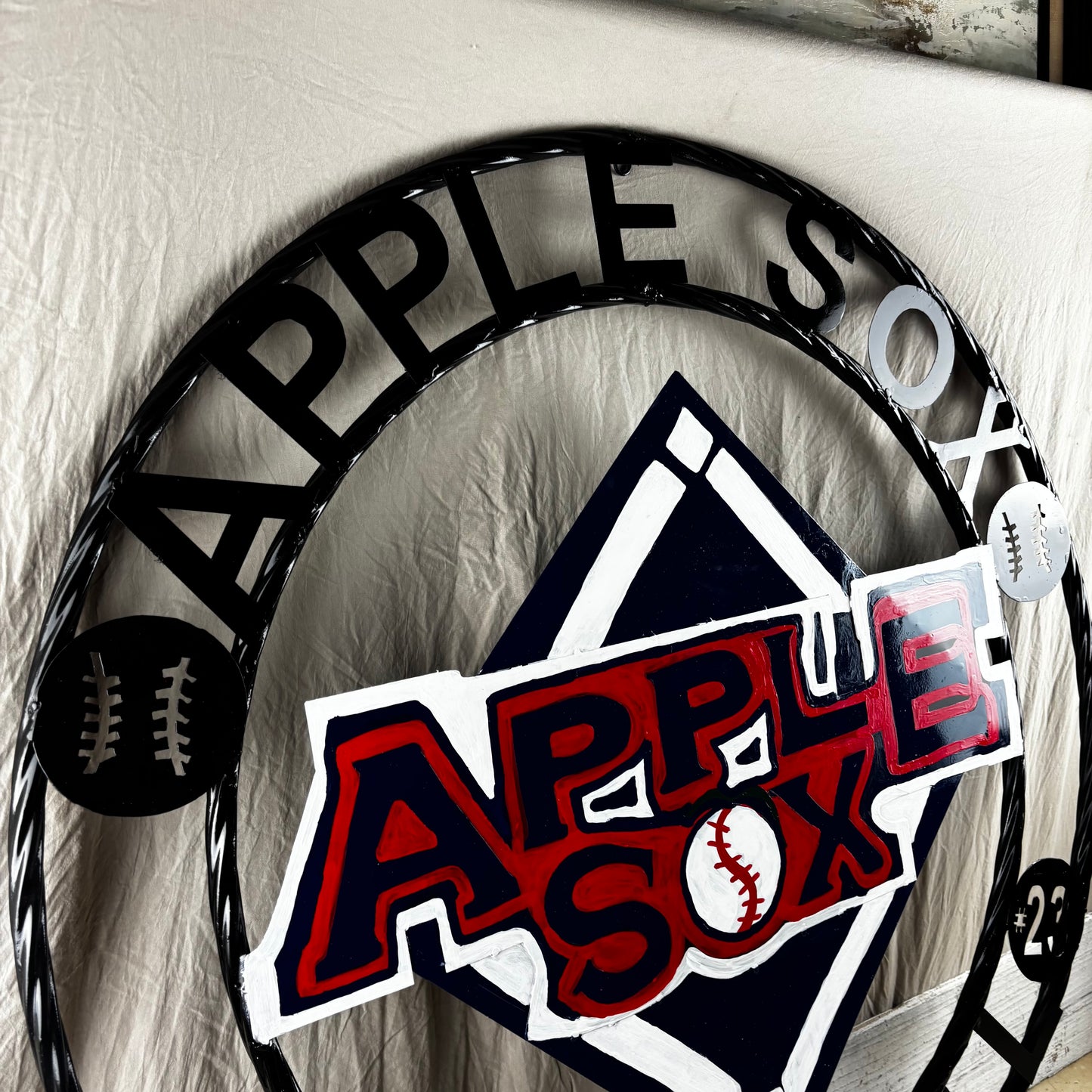 APPLE SOX BASEBALL CUSTOM METAL VINTAGE CRAFT SIGN TEAM NAVY BLUE WHITE RED HANDMADE