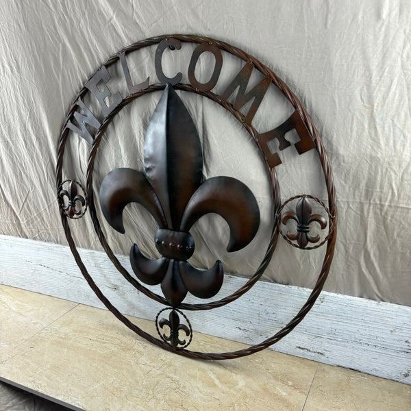 24" WELCOME FLEUR DE LIS METAL WALL ART WESTERN HOME DECOR BROWN NEW #EH11997