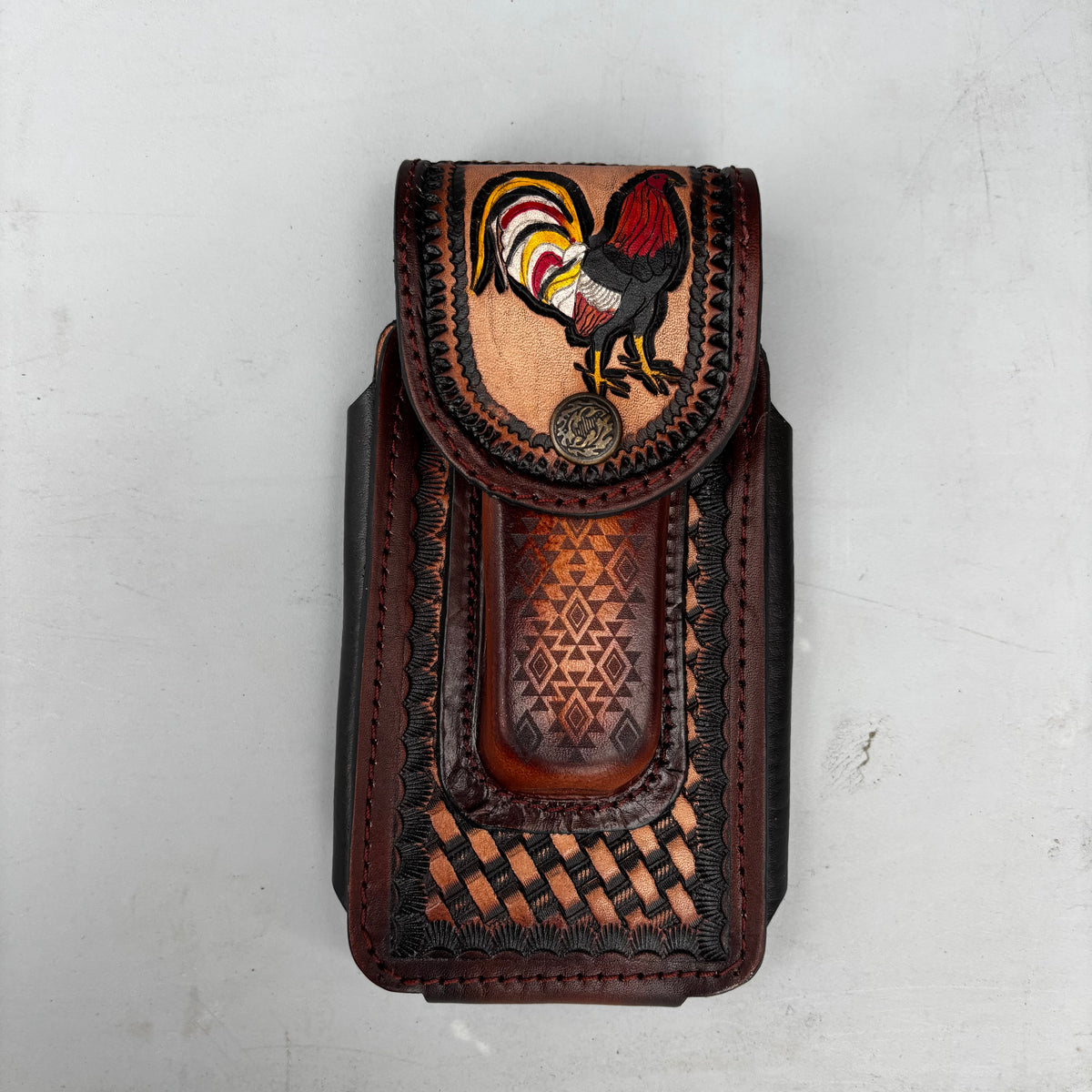 ROOSTER LEATHER HOLSTER 7" PHONE POUCH WITH KNIFE HOLDER FRONT EXTRA LARGE  BELT LOOP CELL PHONE CASE UNIVERSAL OVERSIZE MADE IN MEXICO #EH13860