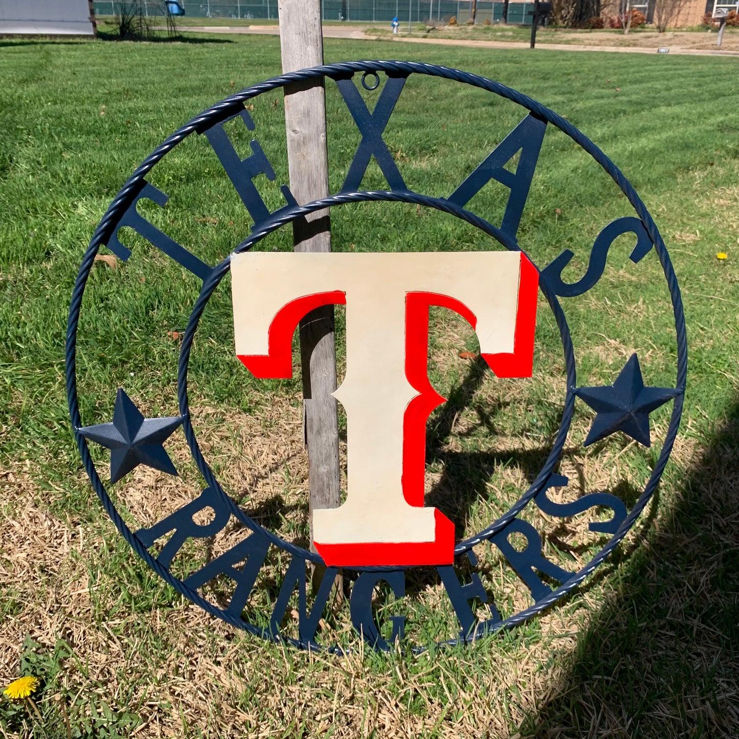 12", 18", 24", 32" TEXAS RANGERS BARN CUSTOM METAL VINTAGE CRAFT SIGN TEAM  WHITE & RED & NAVY BLUE RING & STAR HANDMADE