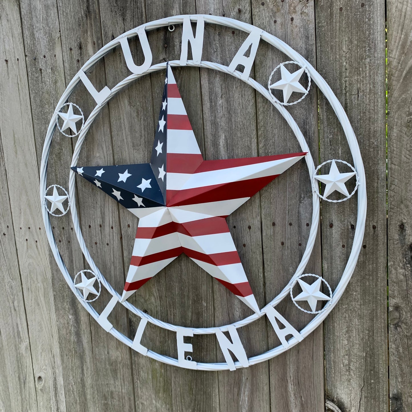 LUNA STYLE CUSTOM NAME BARN STAR METAL STAR 3d TWISTED ROPE RING WESTERN HOME DECOR USA FLAG STAR RED WHOTE & BLUE WITH WHITE RING HANDMADE 24",32",36",50"