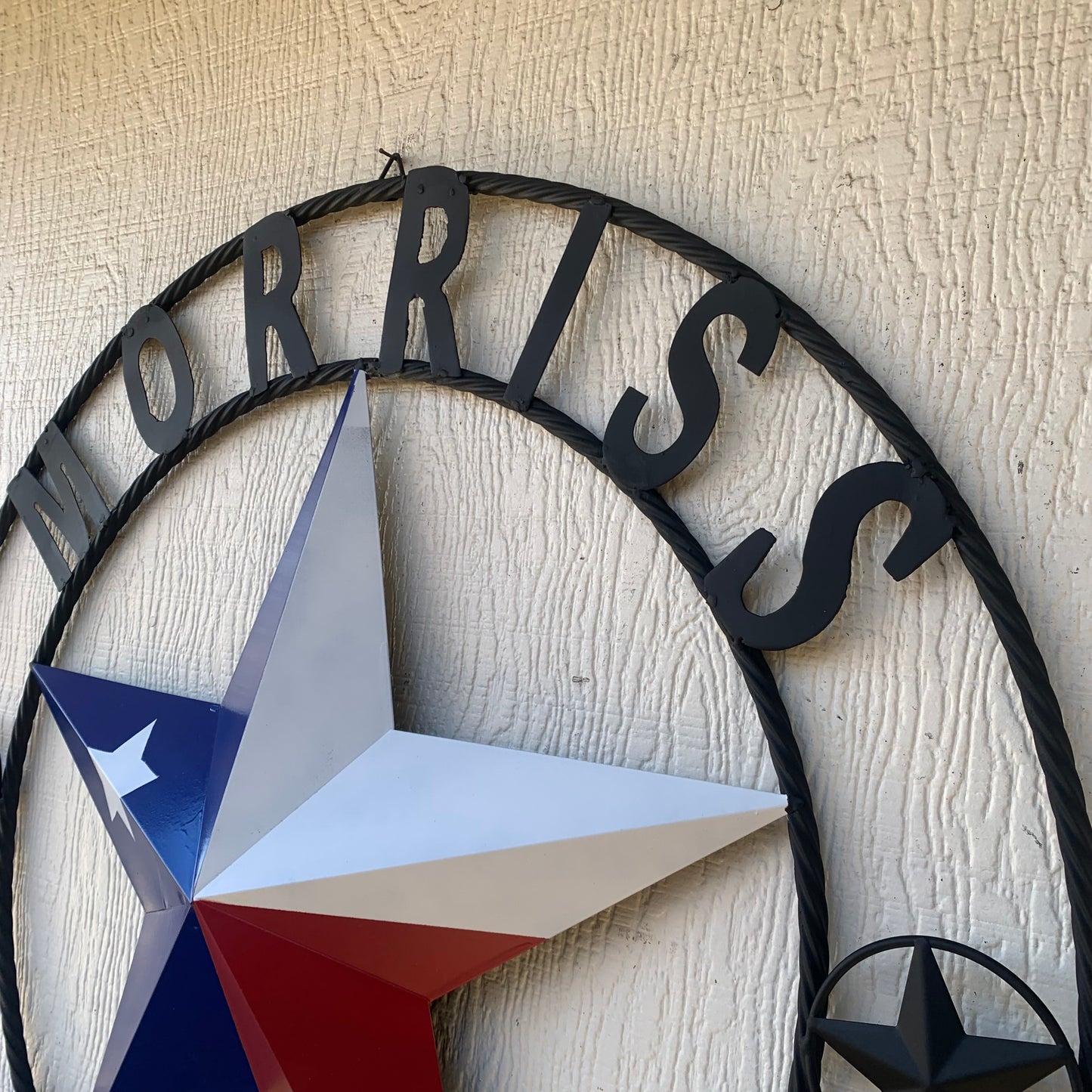 MORRISS TEXAS FLAG STYLE CUSTOM NAME STAR TWISTED ROPE BLACK RING WESTERN HOME DECOR HANDMADE