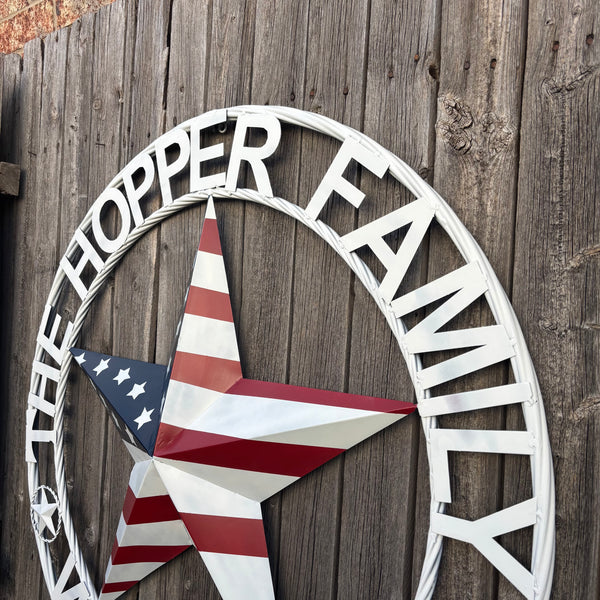 HOPPER STYLE YOUR CUSTOM NAME STAR METAL BARN 3d RED WHITE BLUE USA FLAG WITH WHITE TWIST ROPE RING WESTERN HOME DECOR HANDMADE, 24",36",40"