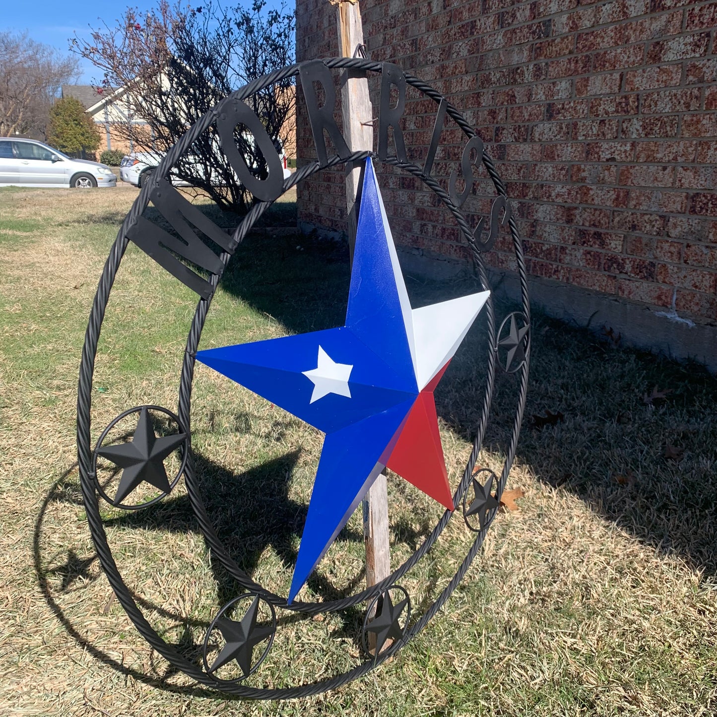 MORRISS TEXAS FLAG STYLE CUSTOM NAME STAR TWISTED ROPE BLACK RING WESTERN HOME DECOR HANDMADE