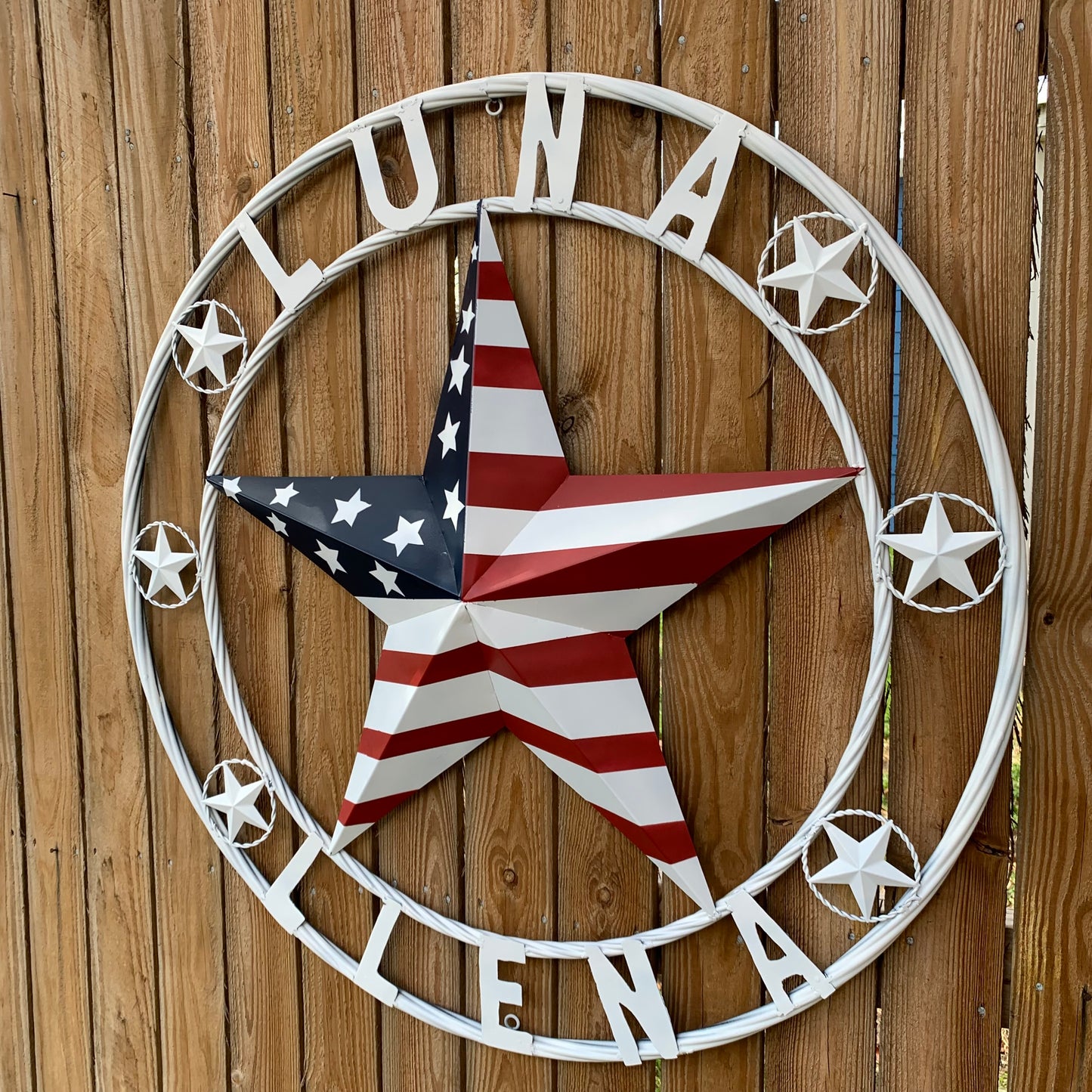 LUNA STYLE CUSTOM NAME BARN STAR METAL STAR 3d TWISTED ROPE RING WESTERN HOME DECOR USA FLAG STAR RED WHOTE & BLUE WITH WHITE RING HANDMADE 24",32",36",50"