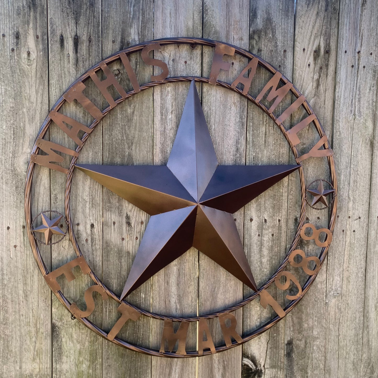 MATHIS STYLE CUSTOM NAME STAR BARN STAR 3d METAL LONESTAR TWISTED ROPE RING WESTERN HOME DECOR RUSTIC BRONZE COPPER HANDMADE 24",32",36",50"