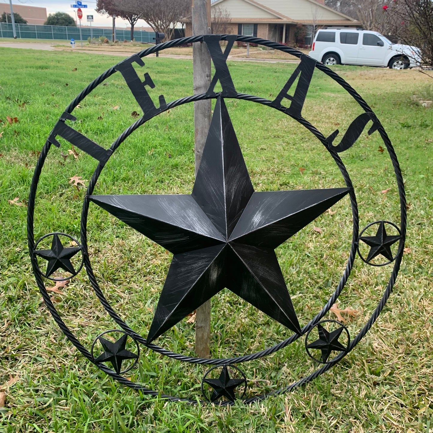 TEXAS BLACK DISTRESSED STAR TWO TONE TEXTURE BARN STAR METAL LONESTAR TWISTED ROPE RING WESTERN HOME DECOR HANDMADE NEW