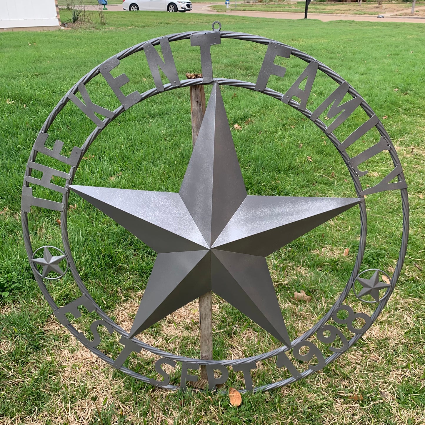KENT STYLE CUSTOM STAR NAME BARN METAL STAR 3d TWISTED ROPE RING WESTERN HOME DECOR RUSTIC GREY SILVER HANDMADE 24",32",36",50"