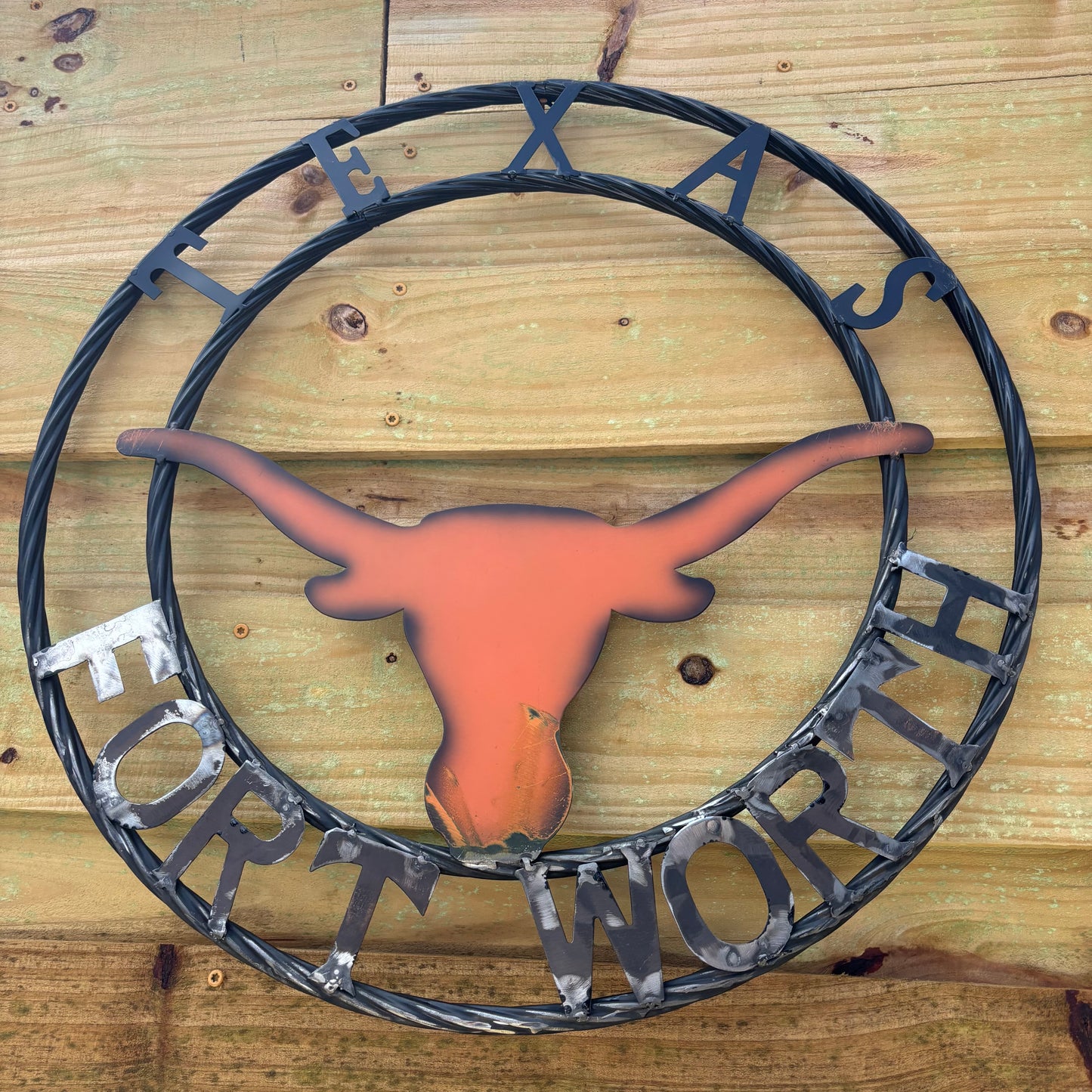 TEXAS FORT WORTH METAL SIGN LONGHORNS ORANGE WESTERN HOME DECOR HANDMADE