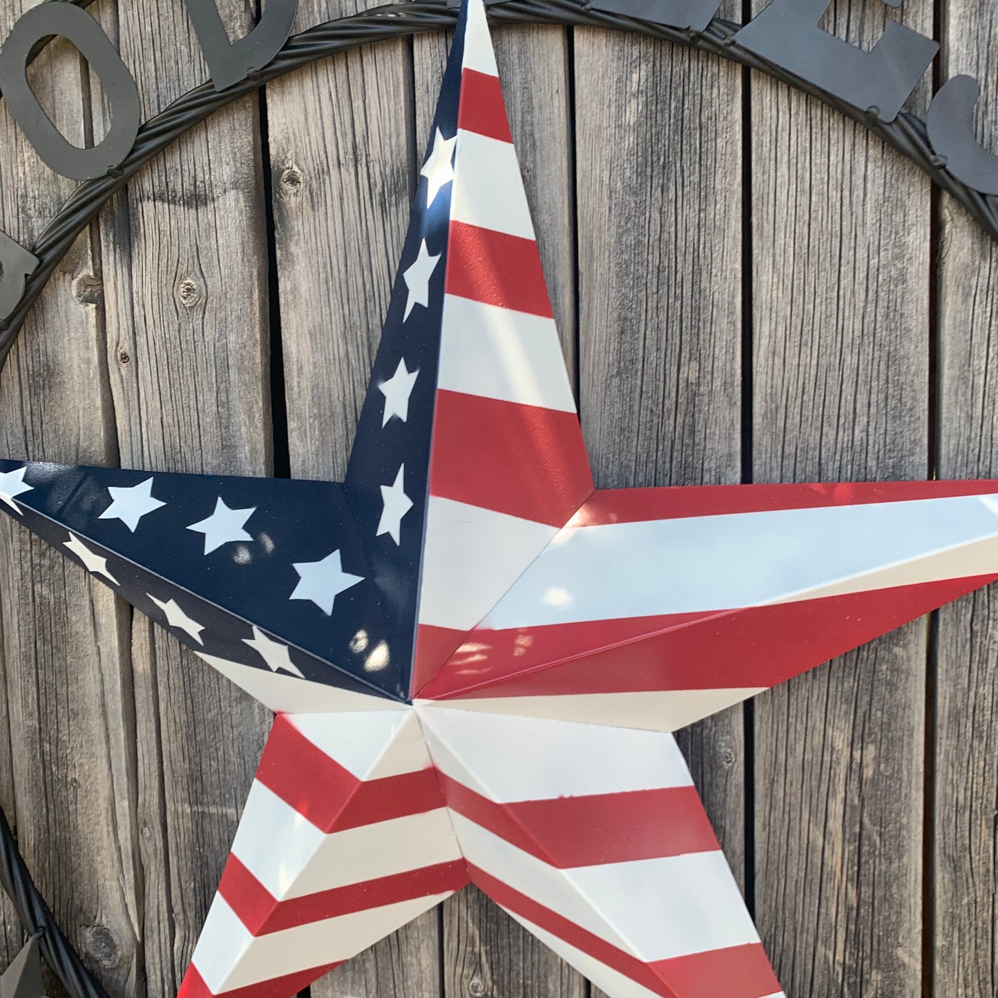 GOD BLESS AMERICA USA FLAG 3d STAR METAL BARN STAR BLACK TWISTED ROPE RING WALL ART WESTERN HOME DECOR RED WHITE & BLUE HANDMADE NEW #EH10490