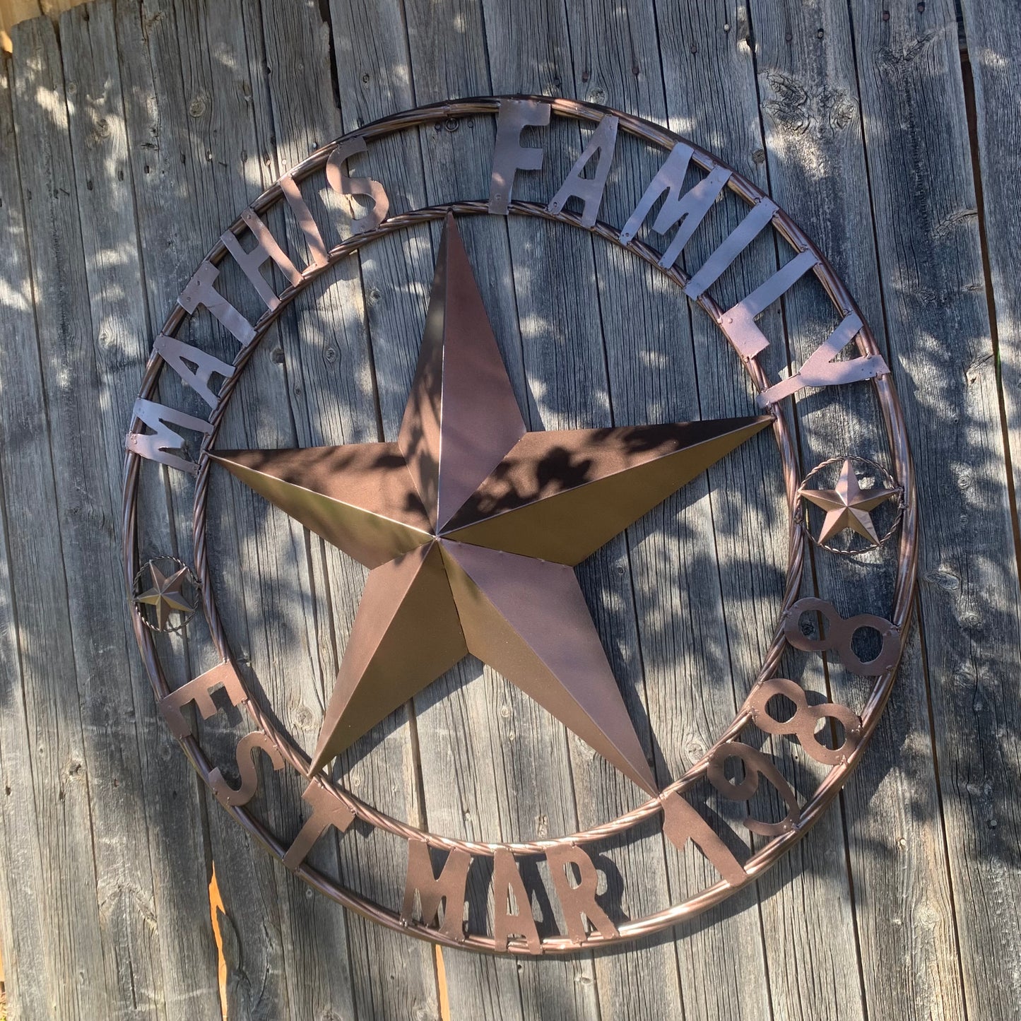 MATHIS STYLE CUSTOM STAR NAME BARN STAR METAL 3d STAR TWISTED ROPE RING WESTERN HOME DECOR RUSTIC BRONZE HANDMADE 24",32",36",50"