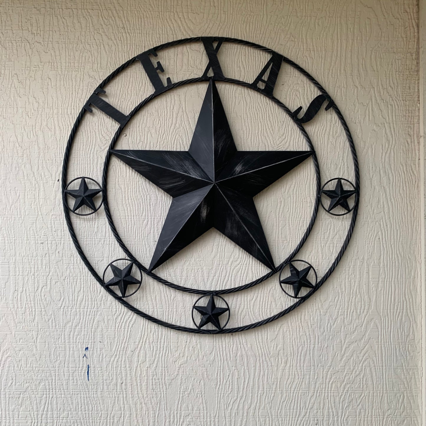 TEXAS BLACK DISTRESSED STAR TWO TONE TEXTURE BARN STAR METAL LONESTAR TWISTED ROPE RING WESTERN HOME DECOR HANDMADE NEW