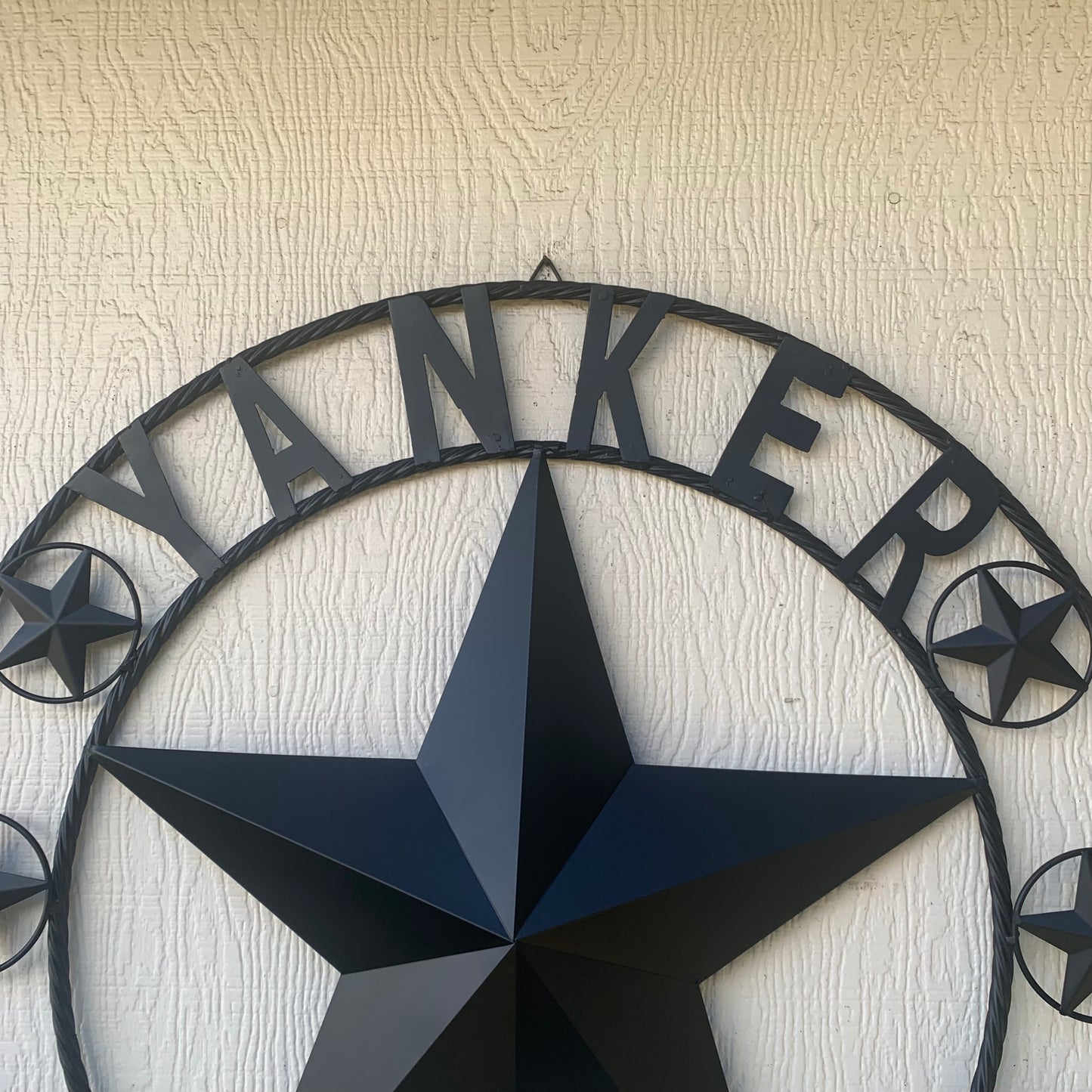 YANKER STYLE CUSTOM NAME STAR BARN METAL STAR 3d TWISTED ROPE RING WESTERN HOME DECOR RUSTIC BLACK HANDMADE 24",32",36",50"