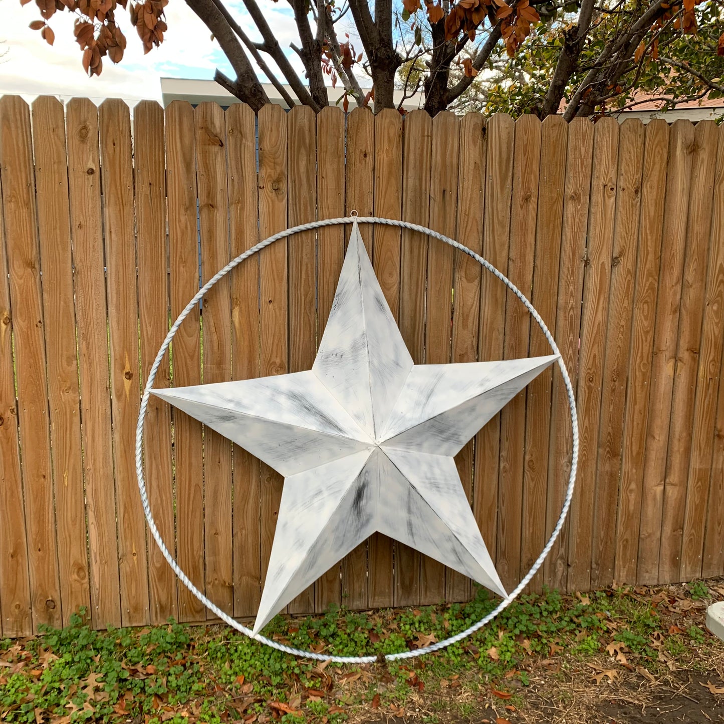 5 FOOT WHITE DISTRESSED STAR TWO TONE TEXTURE BARN STAR METAL LONESTAR TWISTED ROPE RING WESTERN HOME DECOR HANDMADE NEW