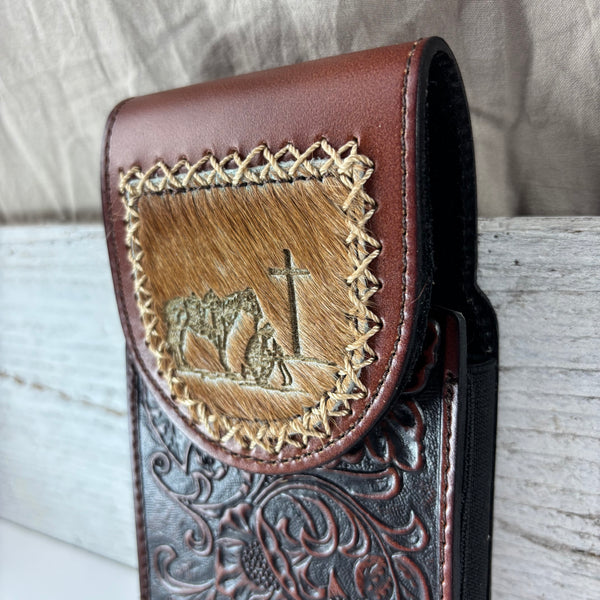 7" COWBOY PRAYER  LEATHER HOLSTER BROWN POUCH EXTRA LARGE  BELT LOOP CELL PHONE CASE UNIVERSAL OVERSIZE