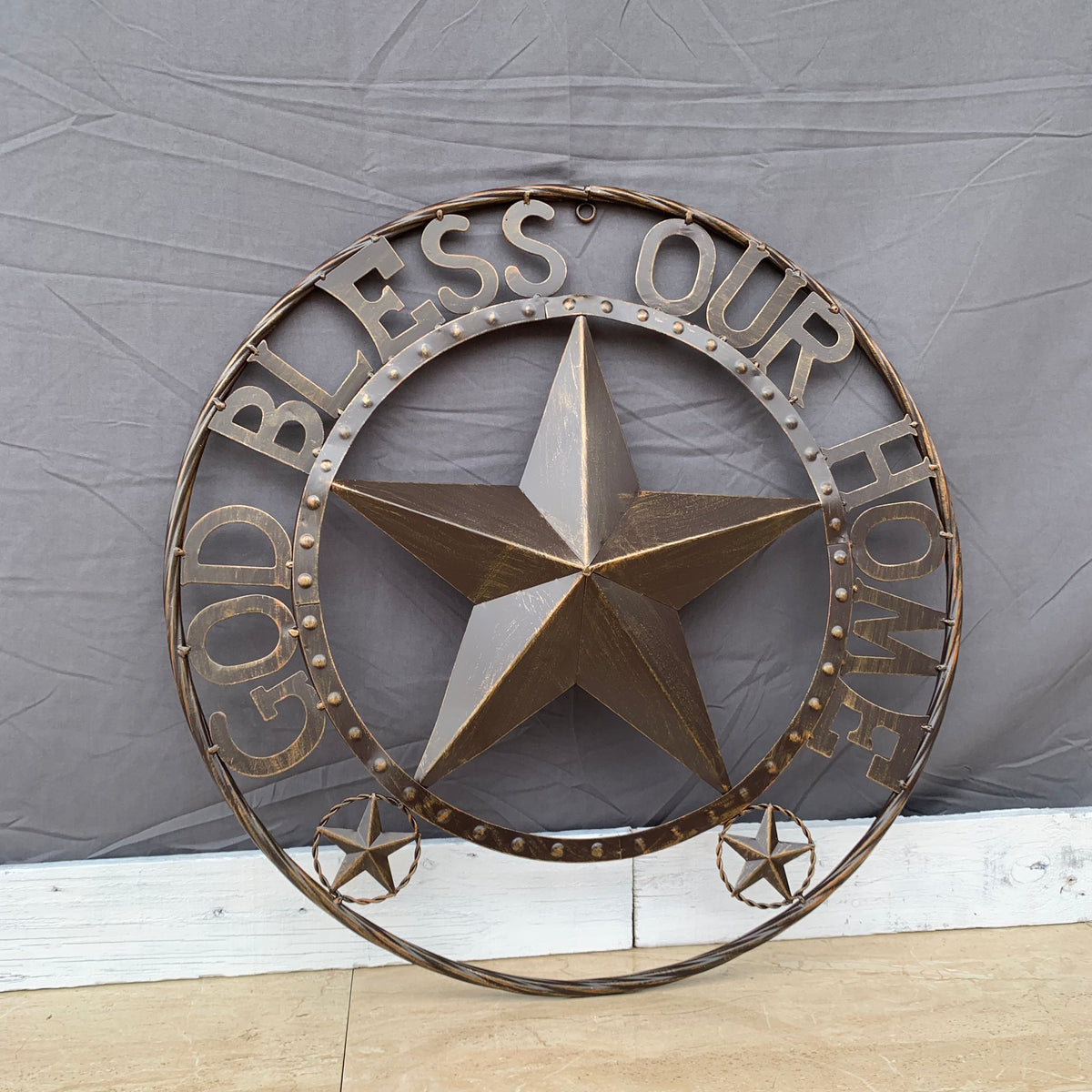 24" GOD BLESS OUR HOME BEADED STAR COLIBROX METAL TWISTED ROPE RING LONE STAR WALL ART WESTERN HOME DECOR RUSTIC DARK BRONZE COPPER HANDMADE NEW