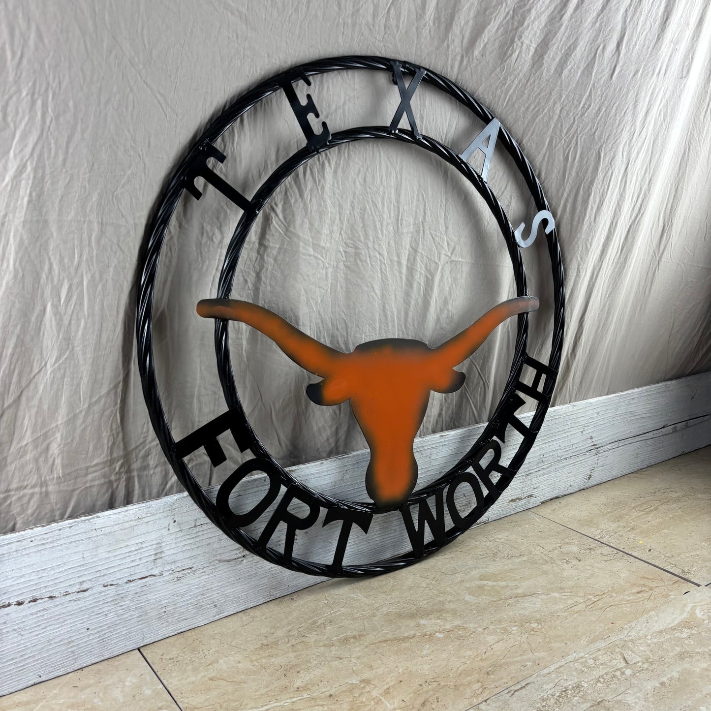 TEXAS FORT WORTH METAL SIGN LONGHORNS ORANGE WESTERN HOME DECOR HANDMADE