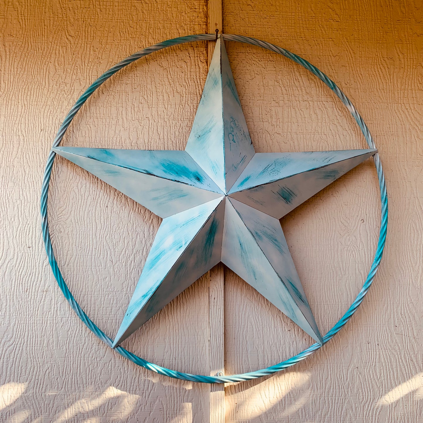 #EH11219 TURQUOISE WHITE DISTRESSED STAR TWO TONE TEXTURE BARN STAR METAL LONESTAR TWISTED ROPE RING WESTERN HOME DECOR HANDMADE NEW