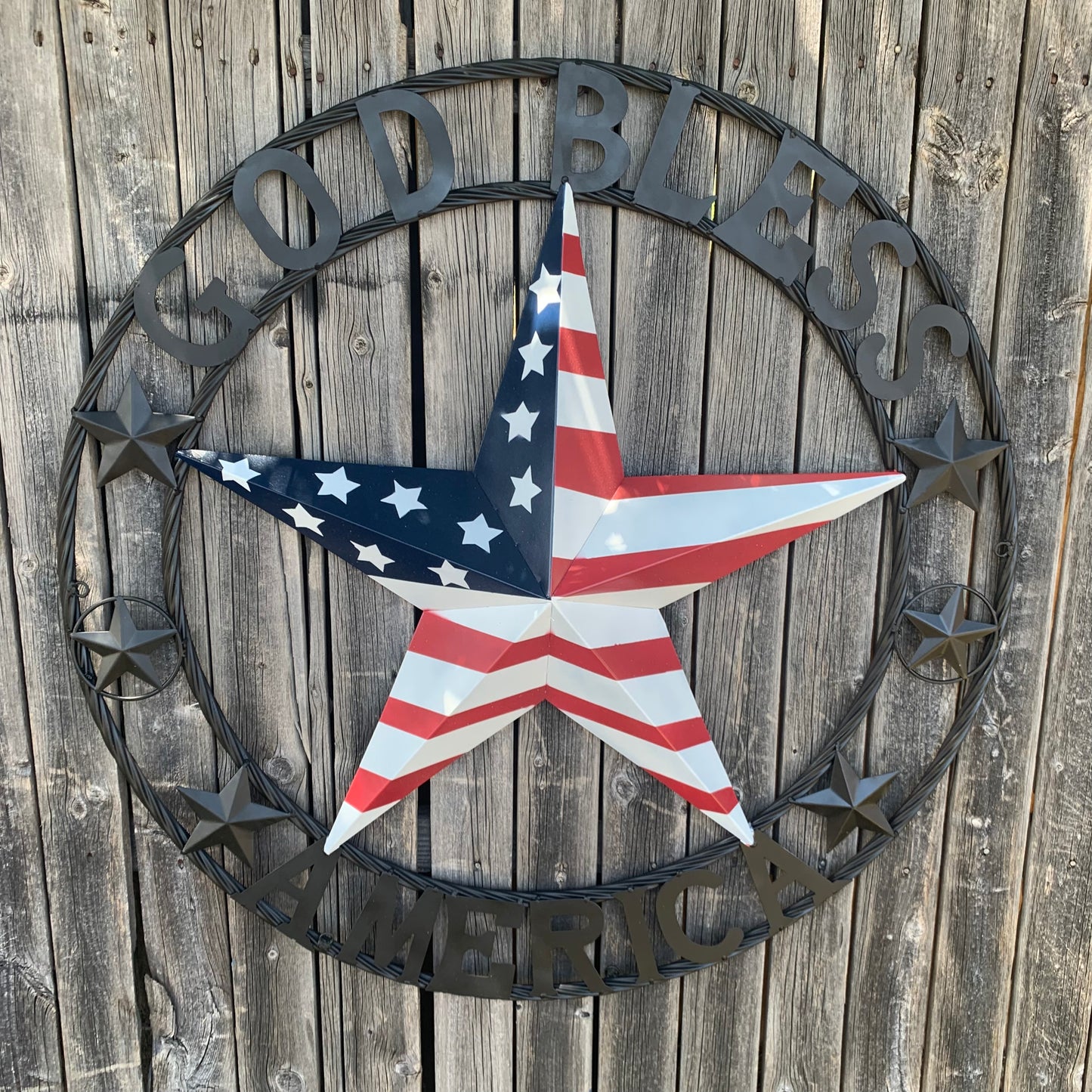GOD BLESS AMERICA USA FLAG 3d STAR METAL BARN STAR BLACK TWISTED ROPE RING WALL ART WESTERN HOME DECOR RED WHITE & BLUE HANDMADE NEW #EH10490