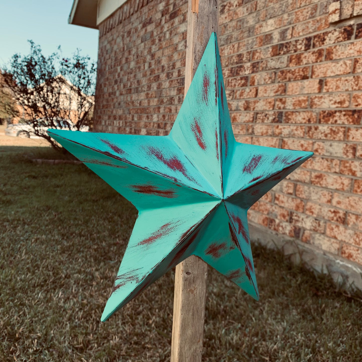 TURQUOISE DISTRESSED TWO TONE BARN STAR METAL ART WESTERN HOME DECOR HANDMADE NEW