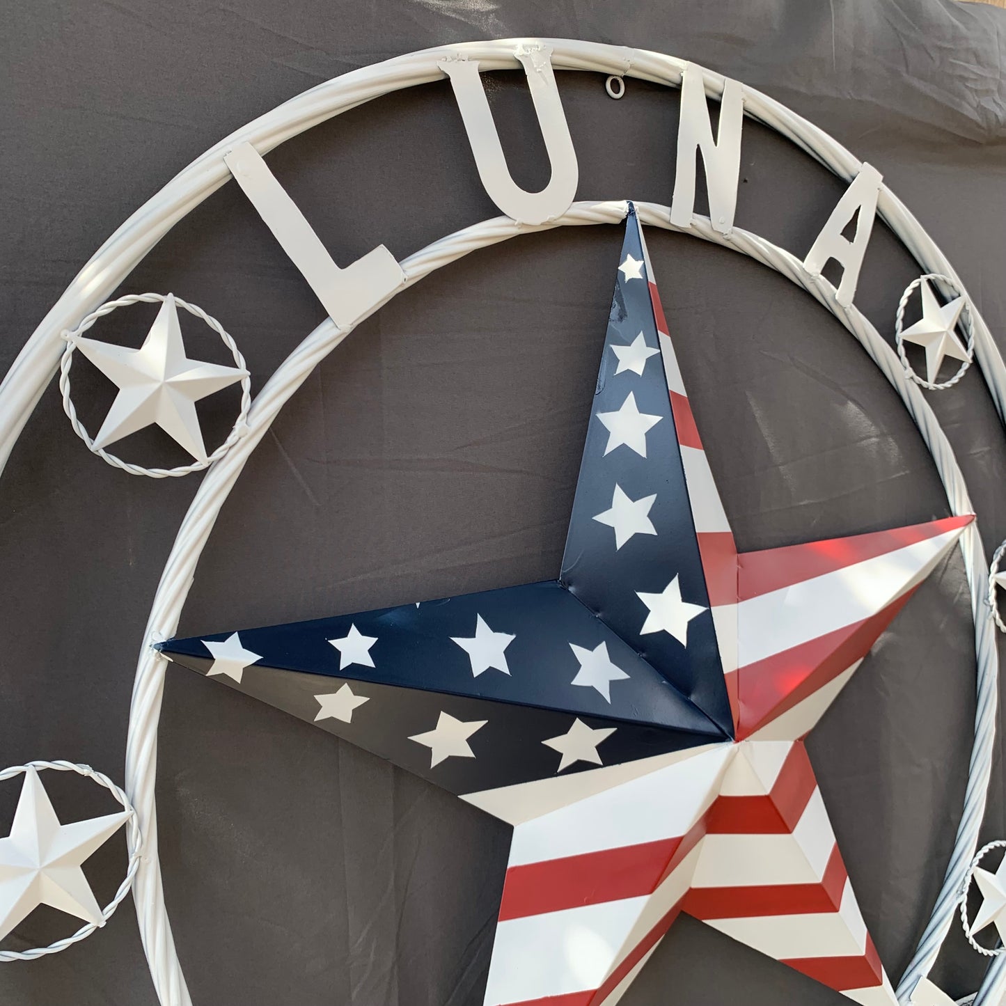 LUNA STYLE CUSTOM NAME BARN STAR METAL STAR 3d TWISTED ROPE RING WESTERN HOME DECOR USA FLAG STAR RED WHOTE & BLUE WITH WHITE RING HANDMADE 24",32",36",50"