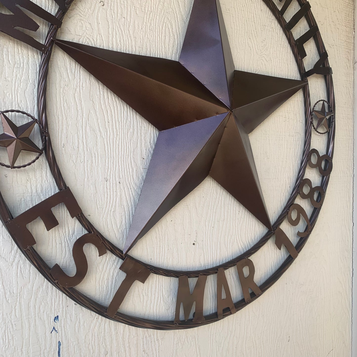 MATHIS STYLE CUSTOM NAME STAR BARN STAR 3d METAL LONESTAR TWISTED ROPE RING WESTERN HOME DECOR RUSTIC BRONZE COPPER HANDMADE 24",32",36",50"